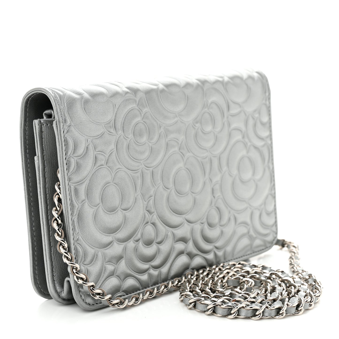 Metallic Lambskin Camellia Crystal Wallet on Chain WOC Silver