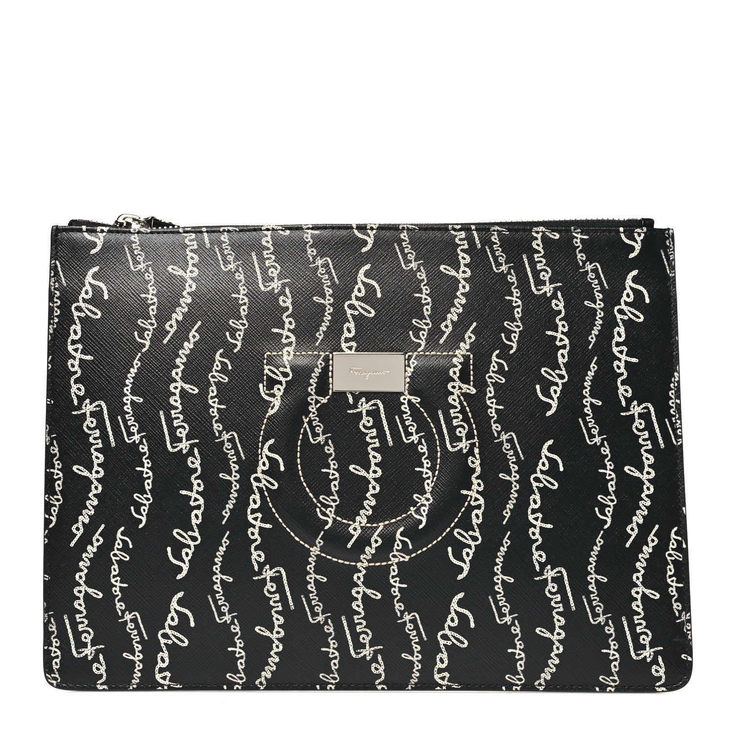 Salvatore Ferragamo Printed Calfskin Logo Pouch Black 1837923