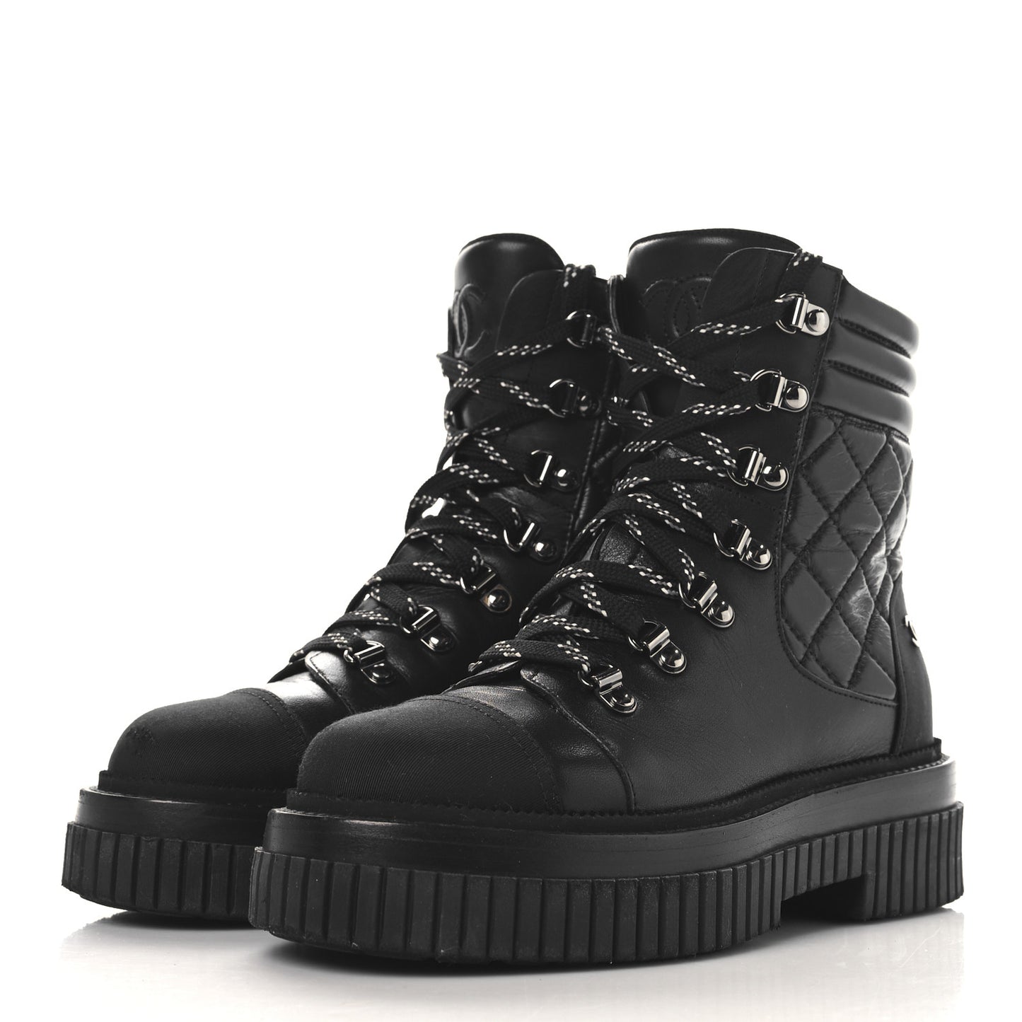 Calfskin Grosgrain Quilted Lace Up Boots 35 Black Grey