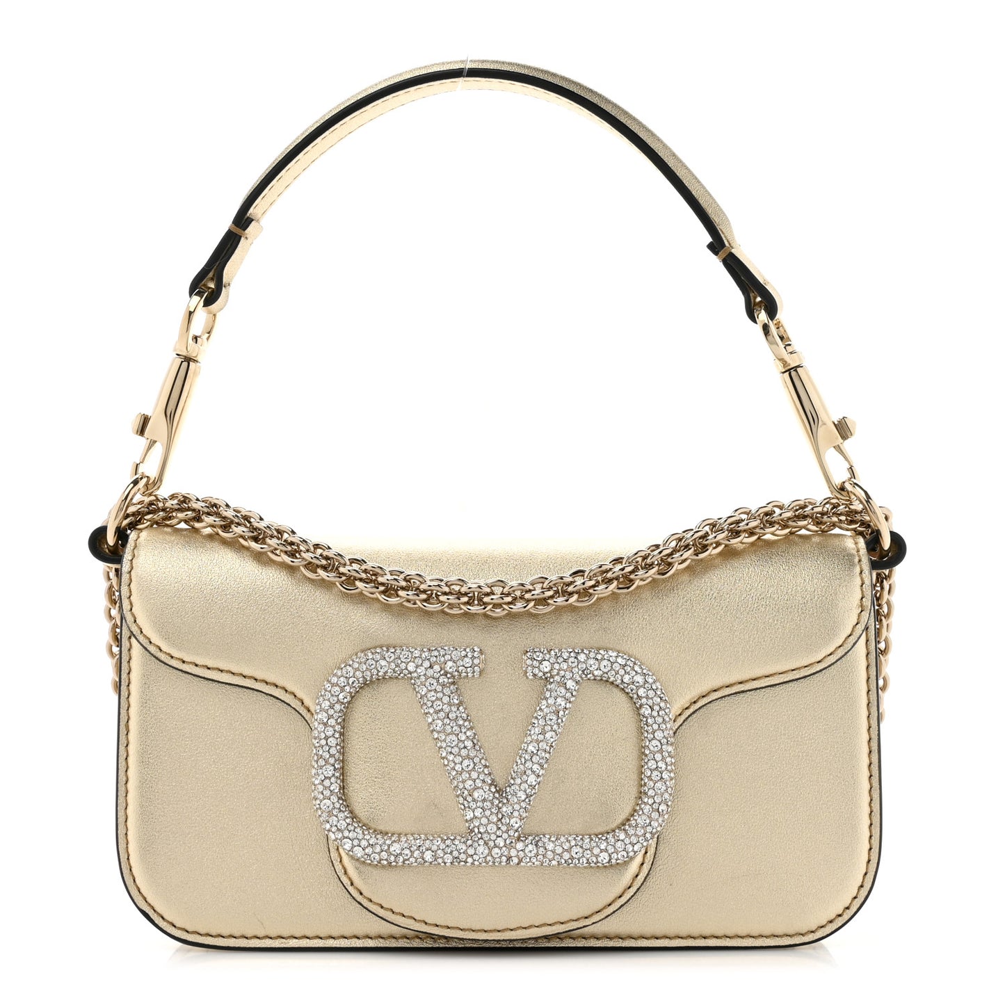 Metallic Calfskin Crystal Vlogo Small Loco Shoulder Bag Platino