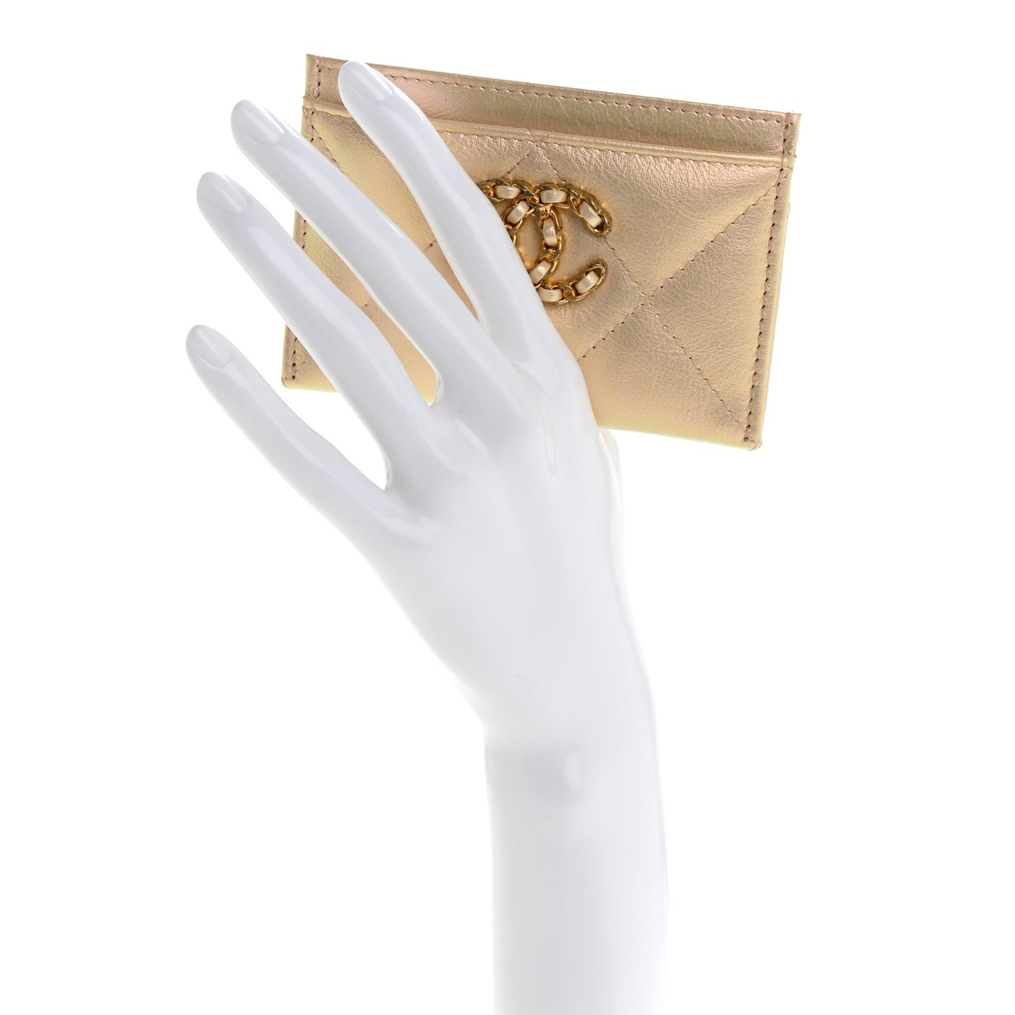 Metallic Goatskin Quilted Chanel 19 Card Holder Gold