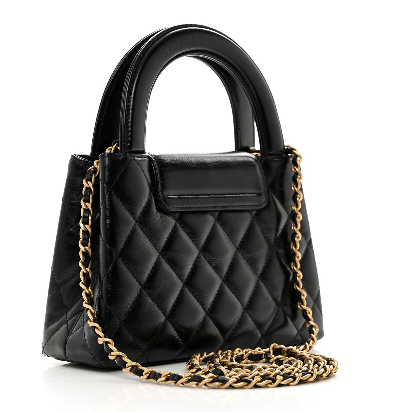 Shiny Aged Calfskin Quilted Nano Kelly Shopper Black