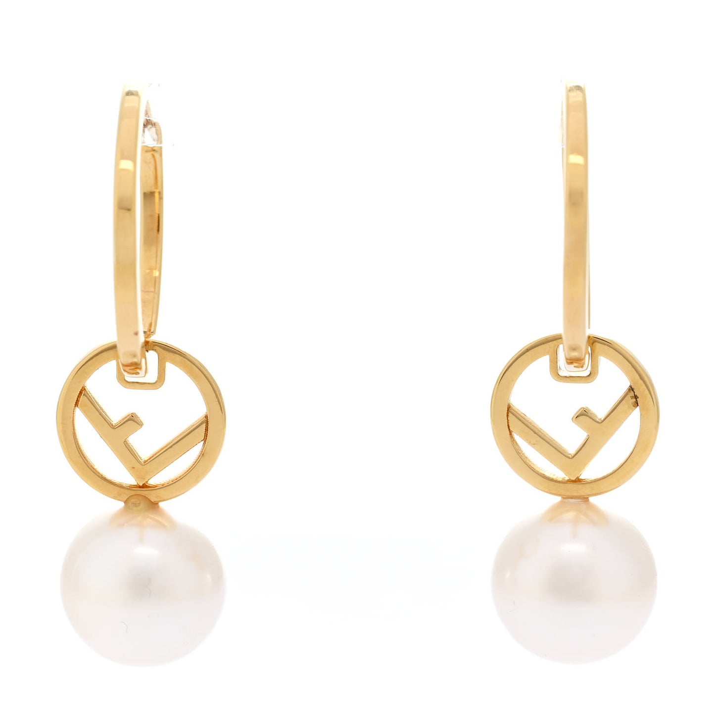 Metal Pearl Logo Hoop Drop Earrings Gold