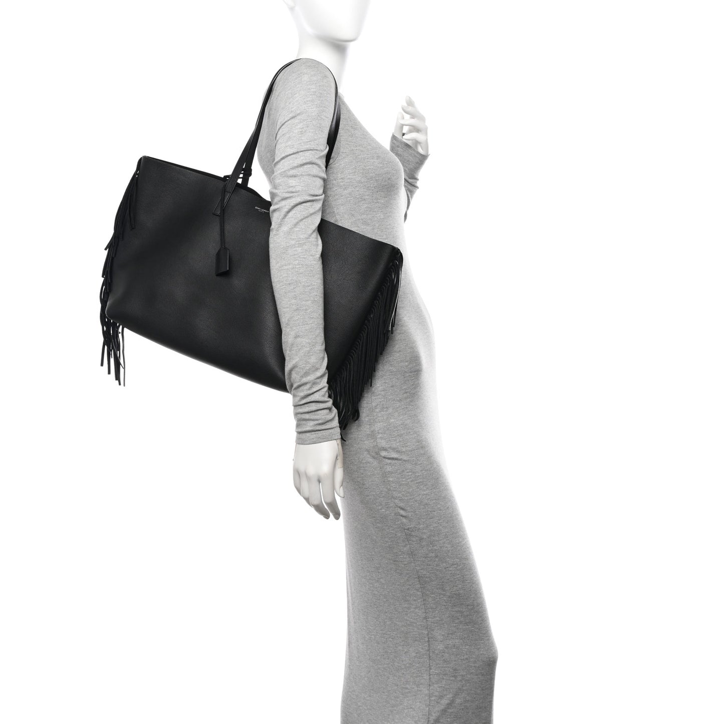Calfskin Large Fringe Shopping Tote Black