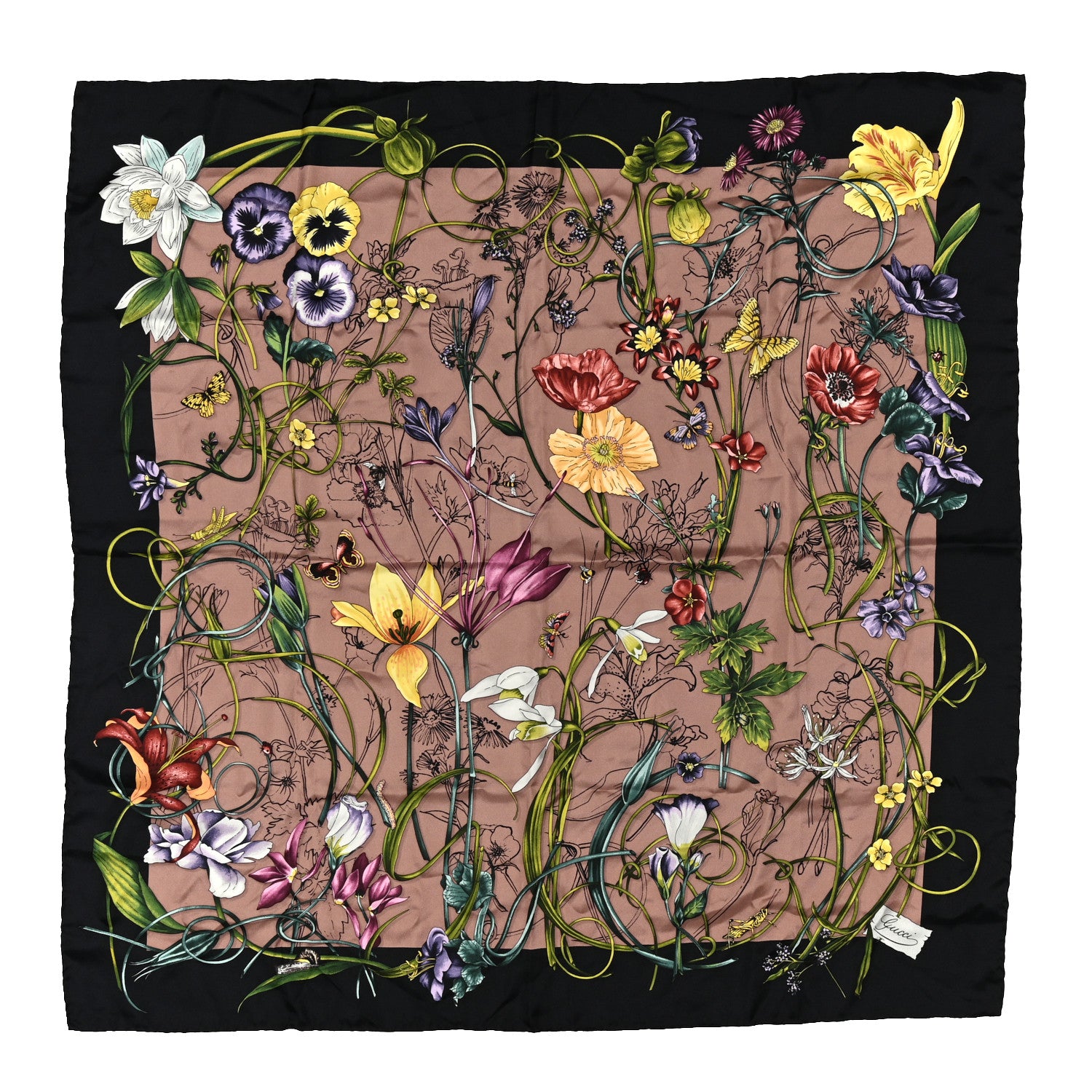 Gucci Silk Flora Infinity Chrissy Square Scarf Taupe Black 1802839