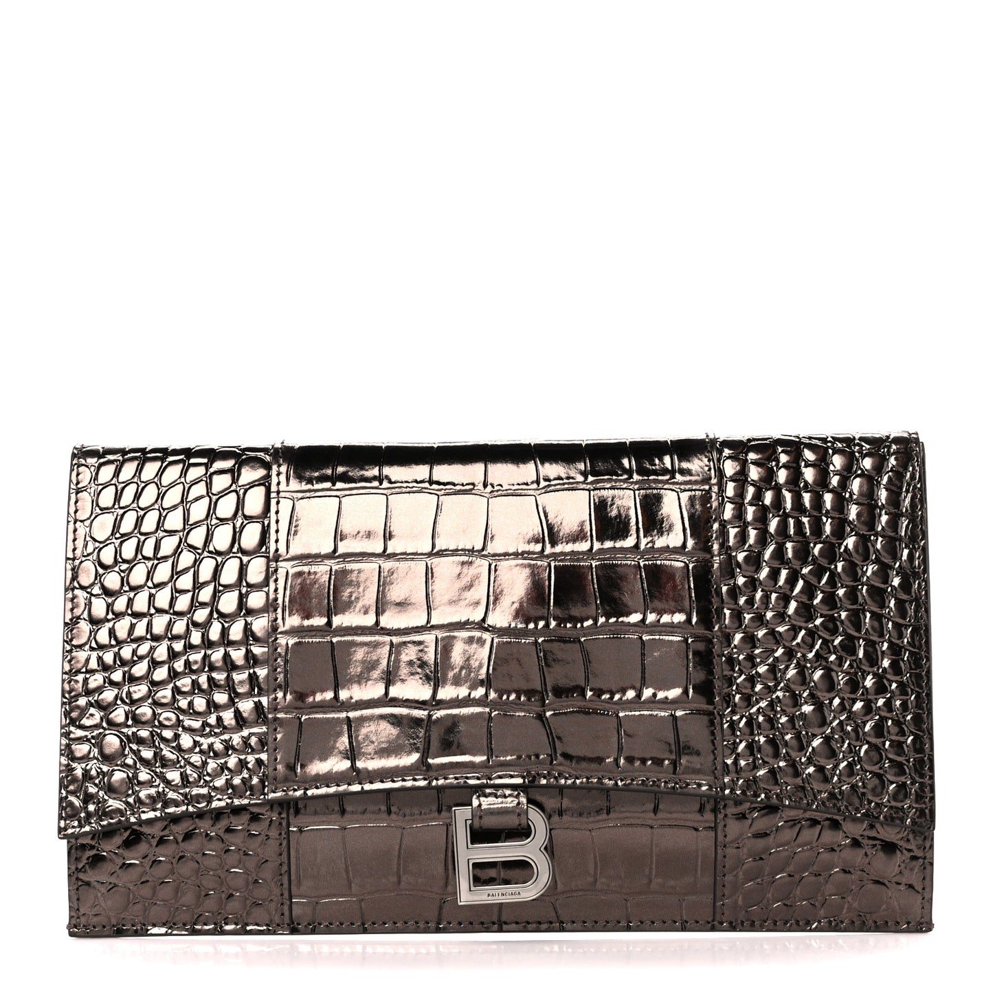 Shiny Metallic Calfskin Crocodile Embossed Hourglass Flap Flat Pouch Dark Bronze