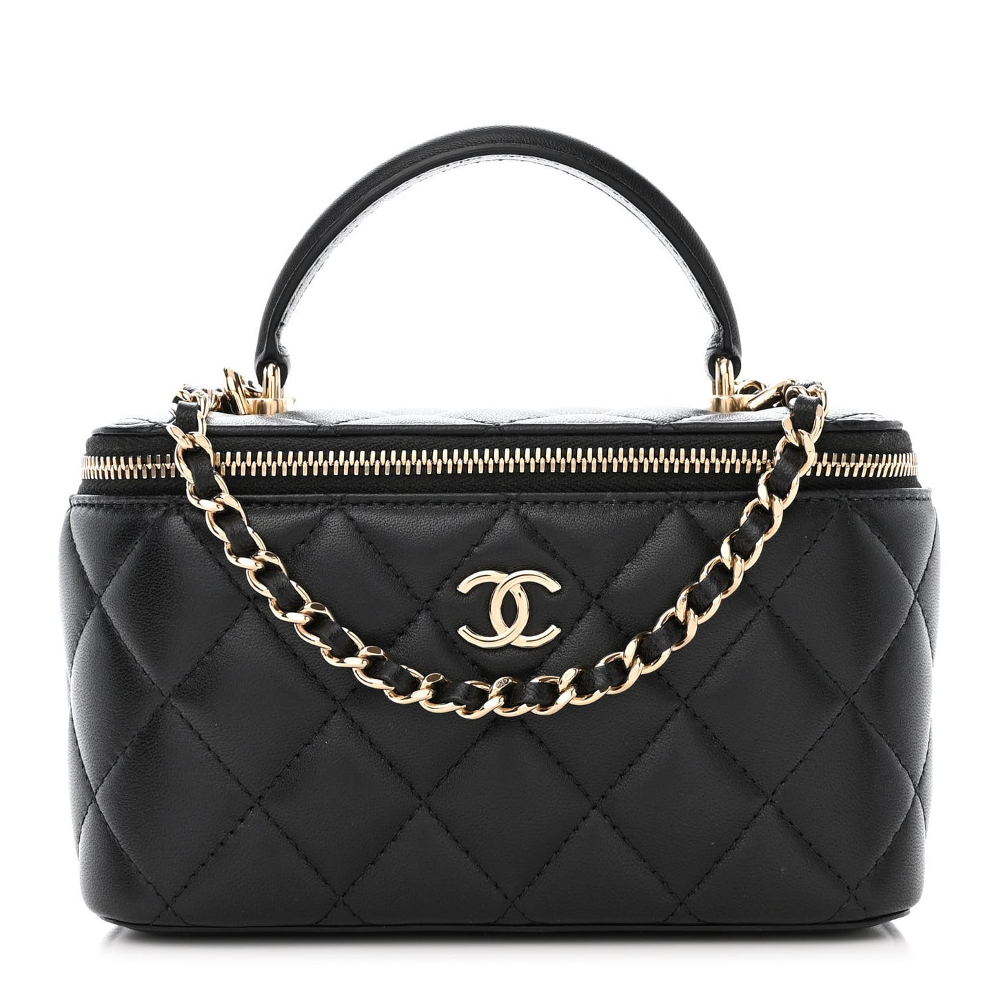 Lambskin Quilted Small Top Handle Vanity Case With Chain Black