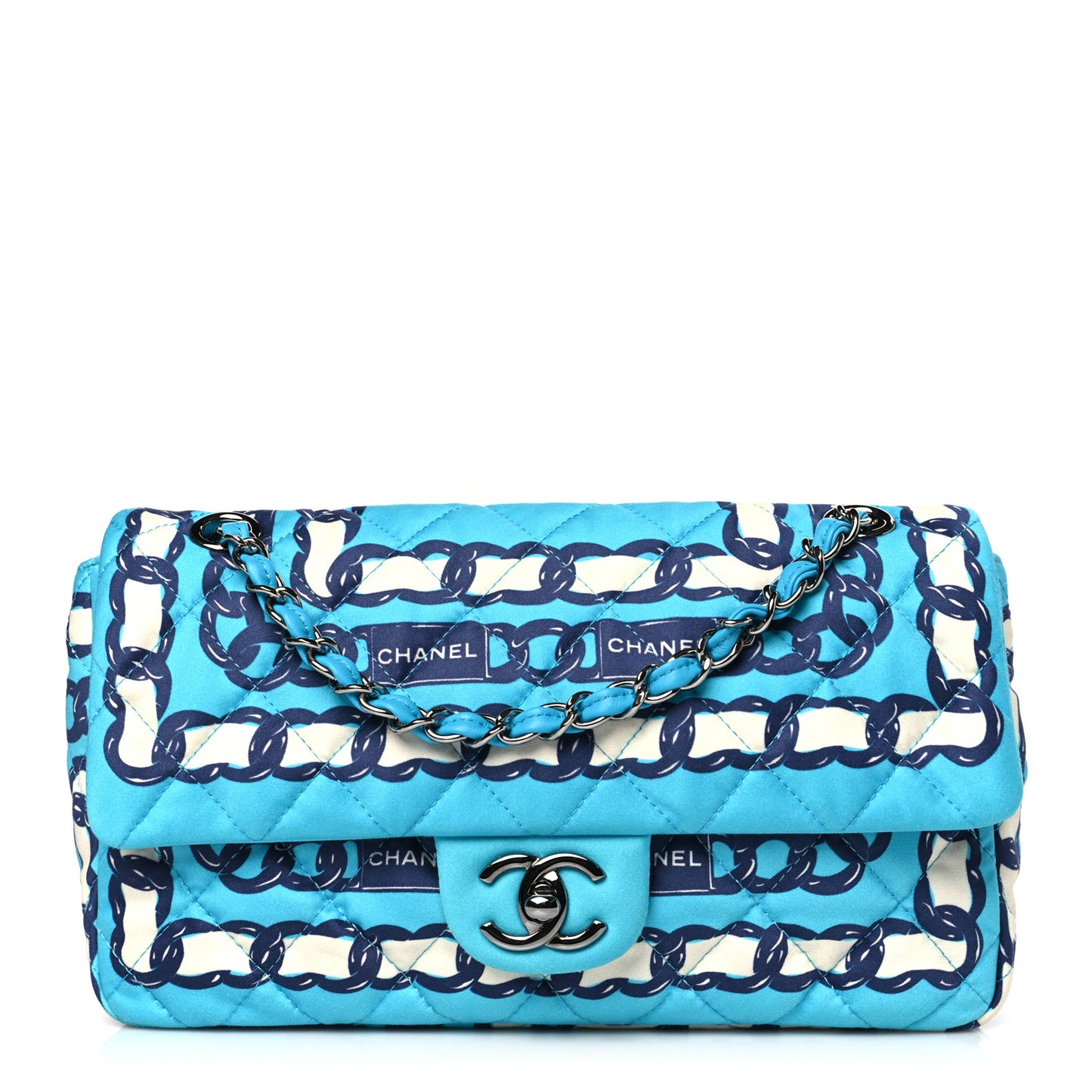 Silk Chain Printed Medium Single Flap Blue