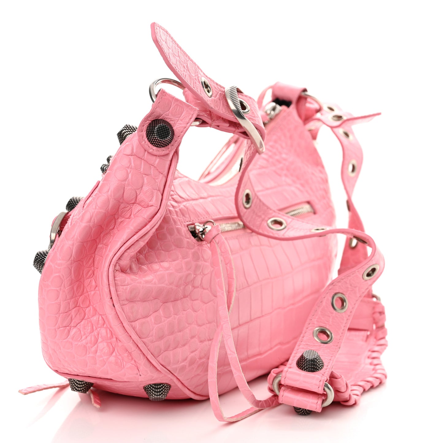 Extra Supple Calfskin Crocodile Embossed Small Le Cagole Shoulder Bag Sweet Pink
