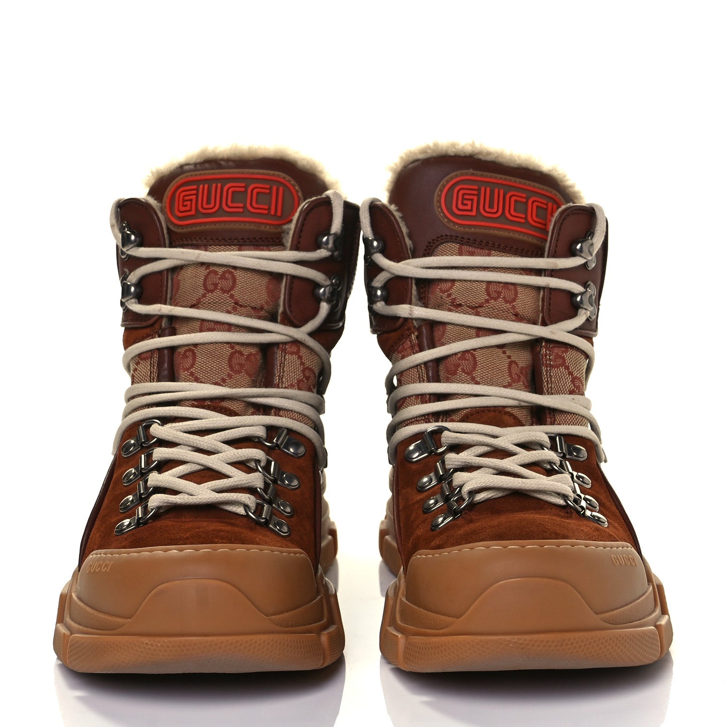 X SEGA Suede Shearling Calfskin GG Monogram Mens Flashtrek High-Top Sneakers 7 New Cuir Beige Ruggine