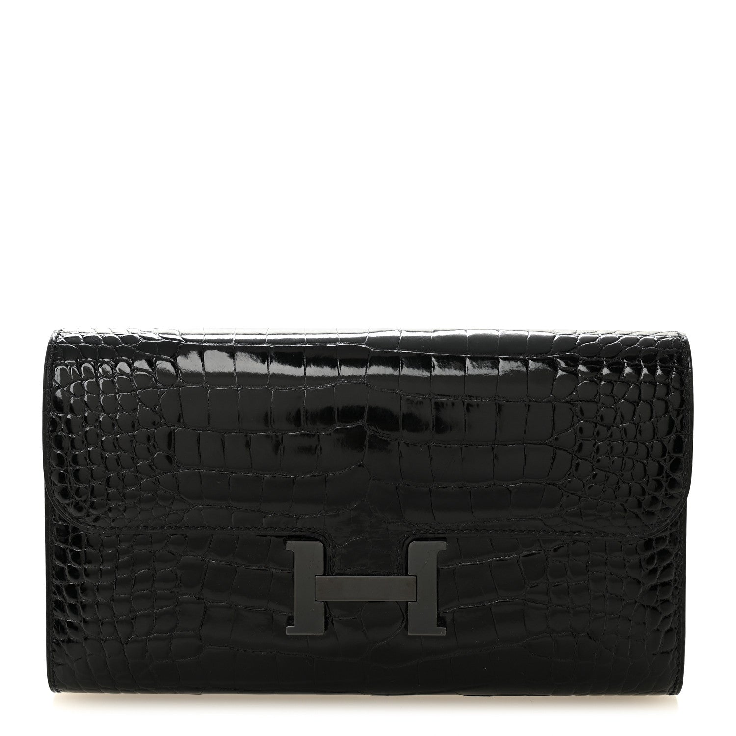 Hermes Shiny Alligator Monochrome Constance Long Wallet Black