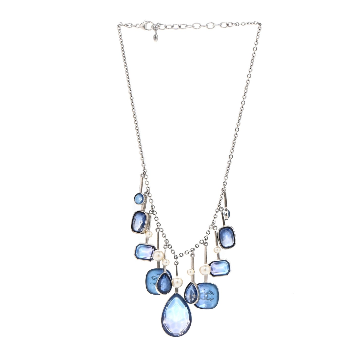 Crystal Pearl CC Necklace Silver Blue
