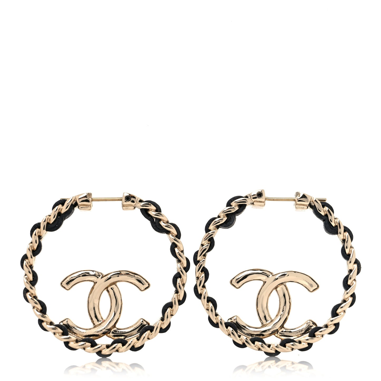 Lambskin CC Chain Hoop Earrings Black Gold