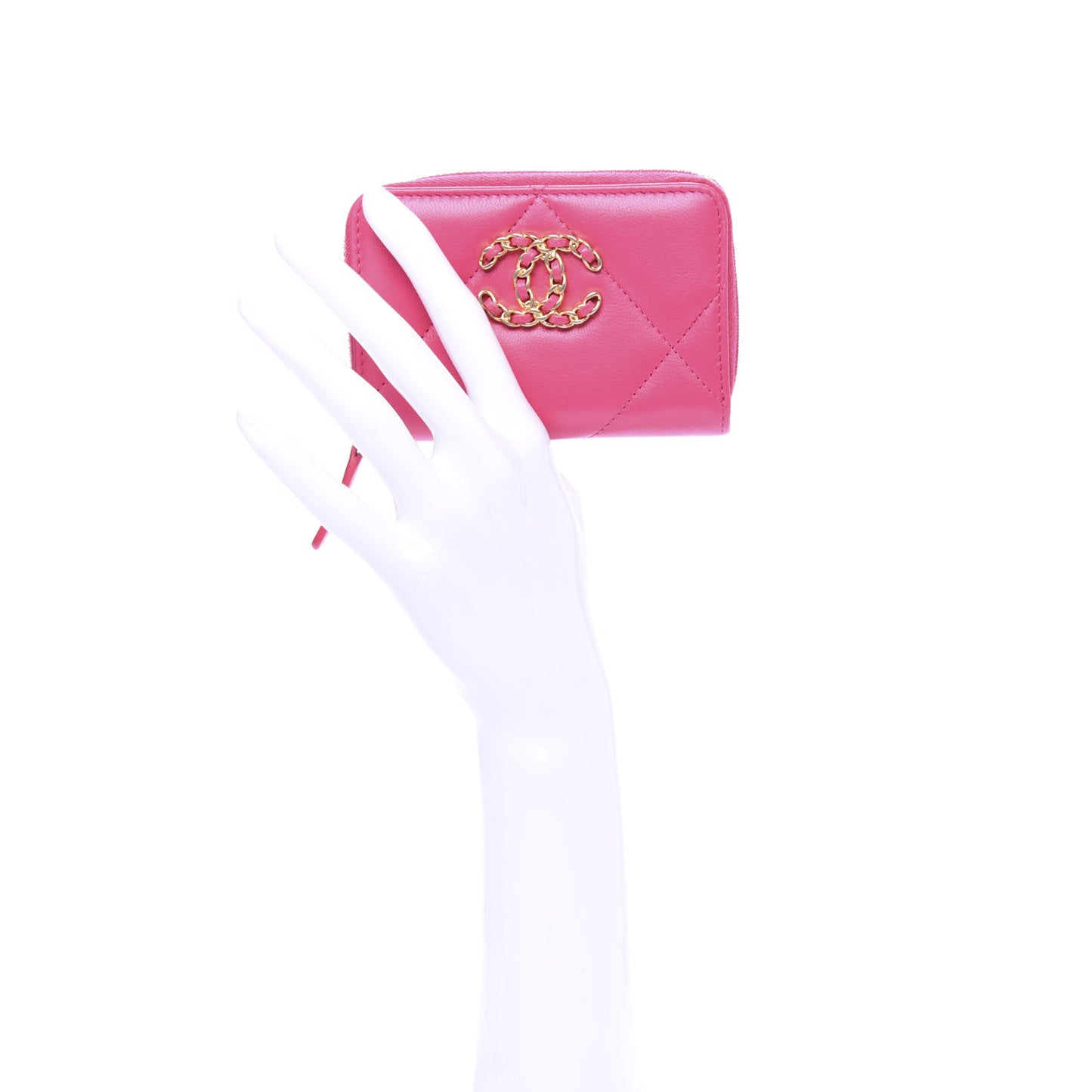 Shiny Goatskin Quilted 19 Zip Around Coin Purse Wallet Dark Pink