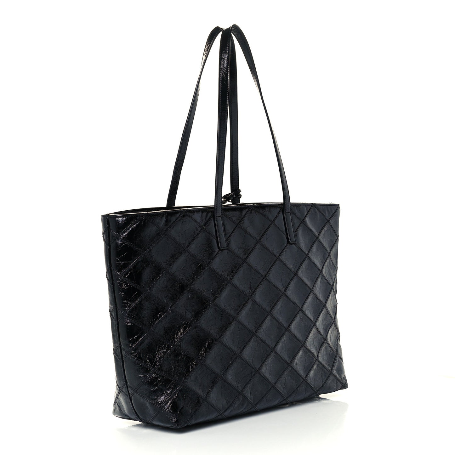 Crinkled Calfskin Quilted East West Shopping Tote Black
