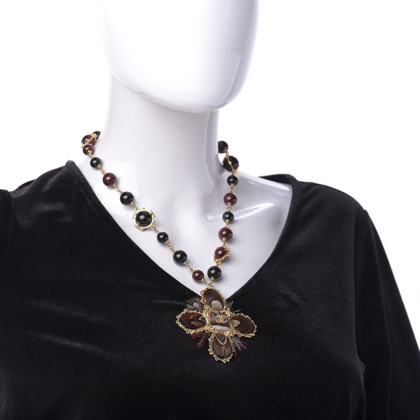 Strass Feather Beaded Paris Edinburgh CC Pendant Necklace Gold Multicolor