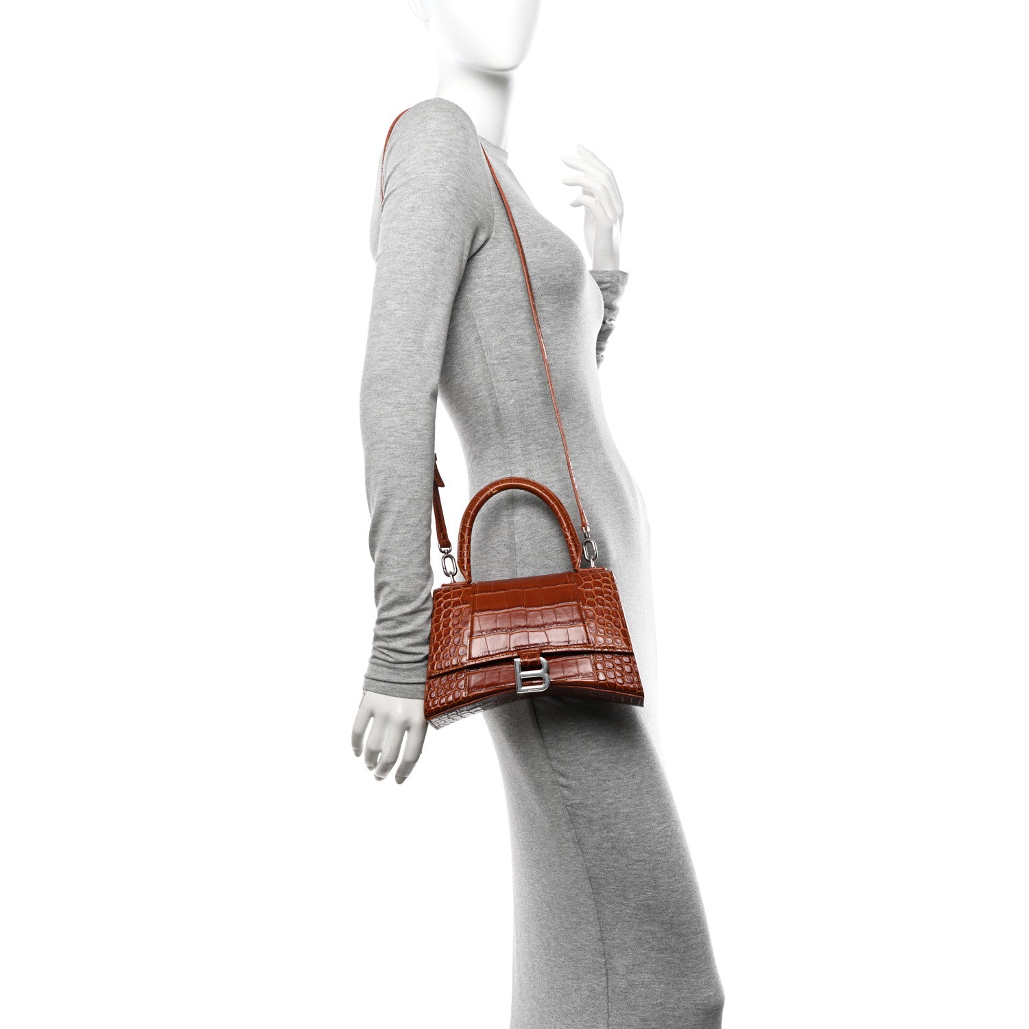 Balenciaga Shiny Calfskin Crocodile Embossed Small Hourglass Top Handle Bag Camel 2 of 11