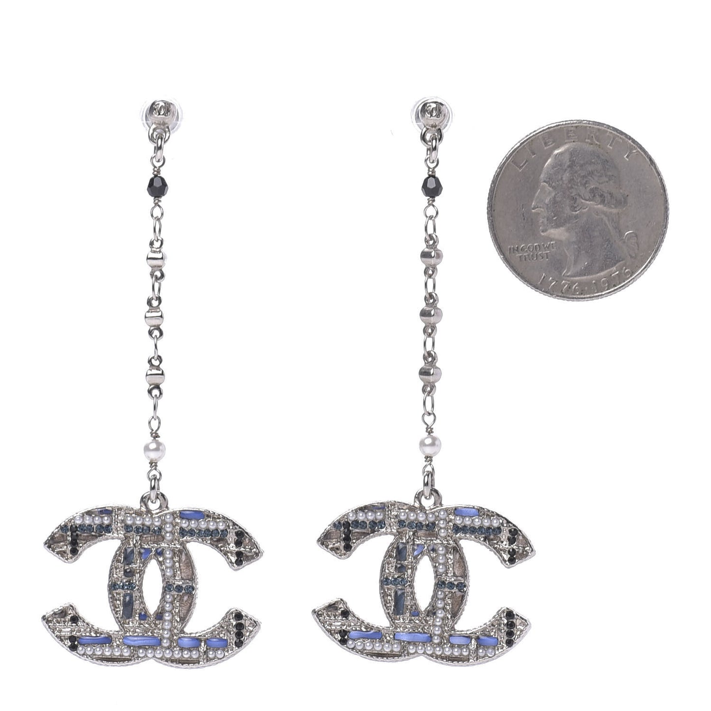 Pearl Crystal CC Tweed Drop Earrings Silver Blue Black