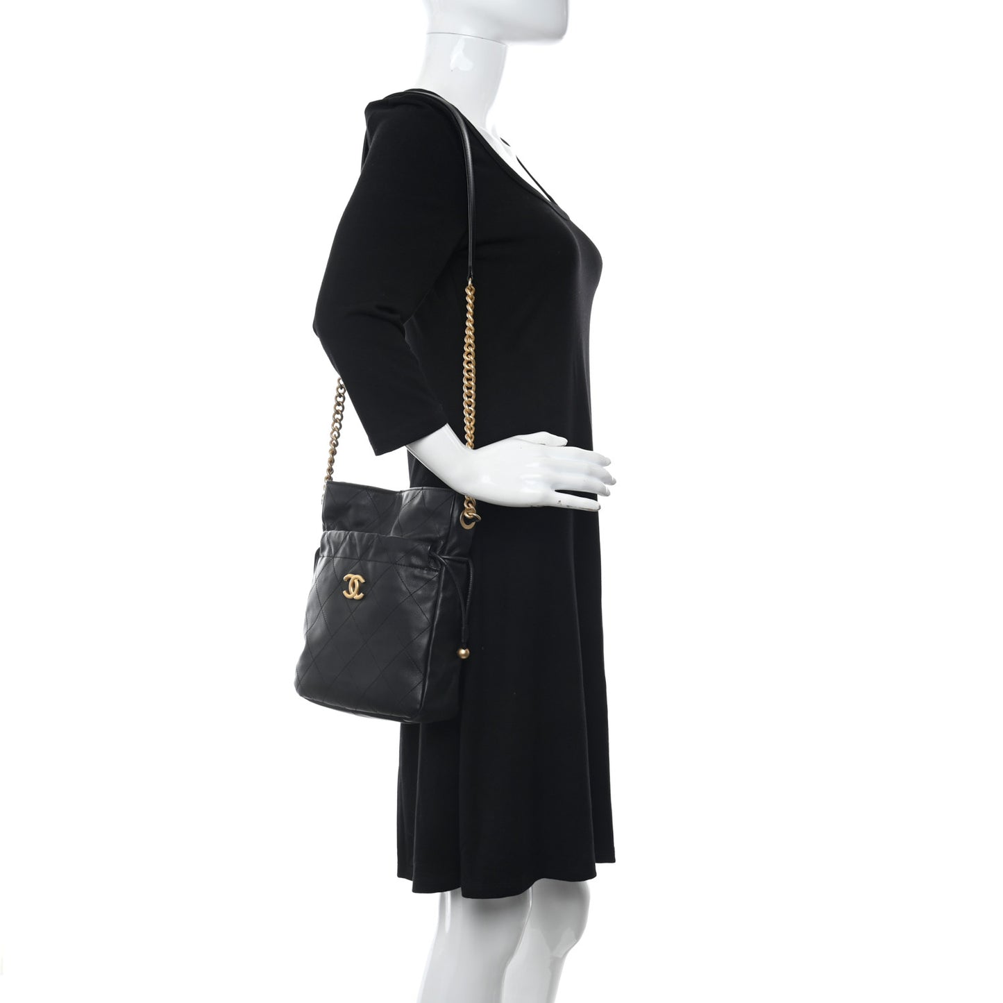 Calfskin Quilted Drawstring Bucket Bag Black