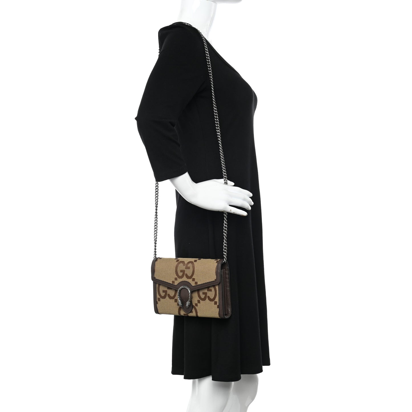 Monogram Jumbo GG Textured Dollar Calfskin Mini Dionysus Chain Wallet Camel Ebony New Acero