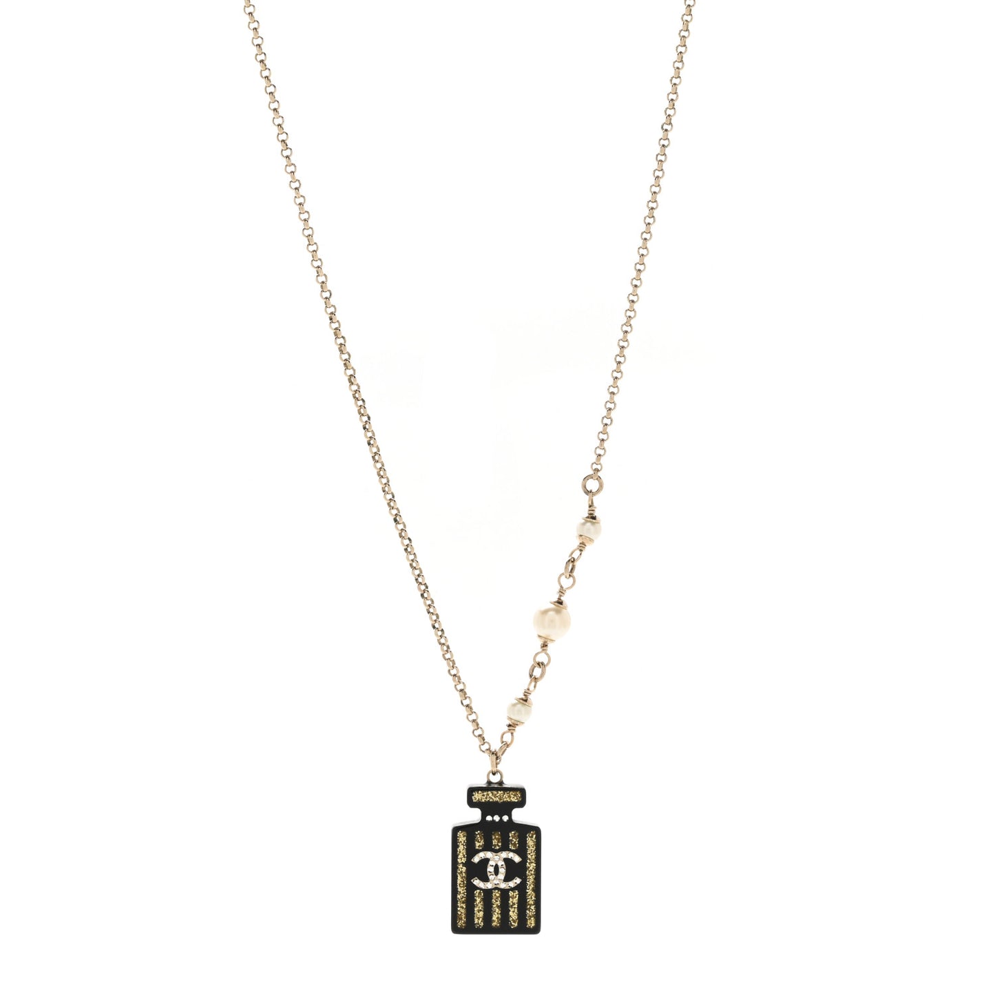 Resin Strass Pearl Perfume Bottle CC Necklace Black Gold