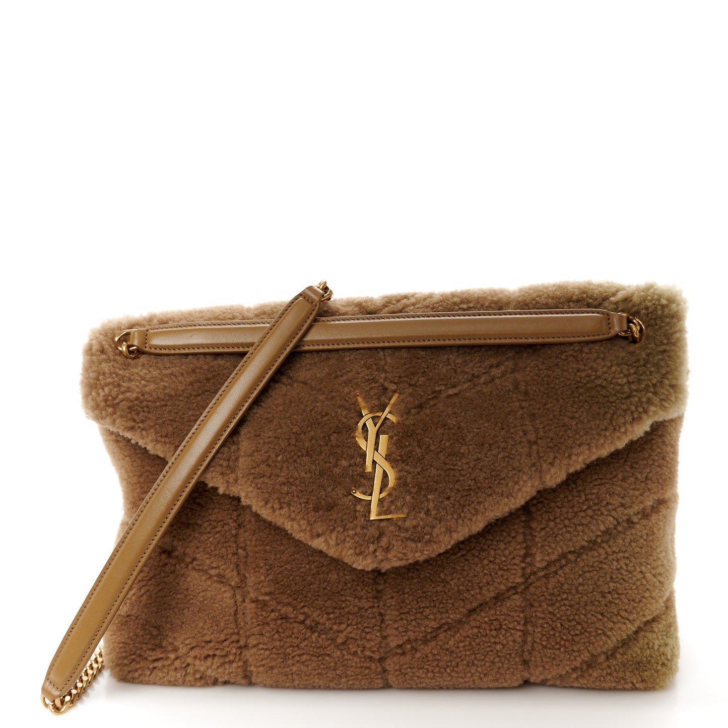 Shearling Quilted Medium Loulou Puffer Monogram Chain Satchel Natural Brown