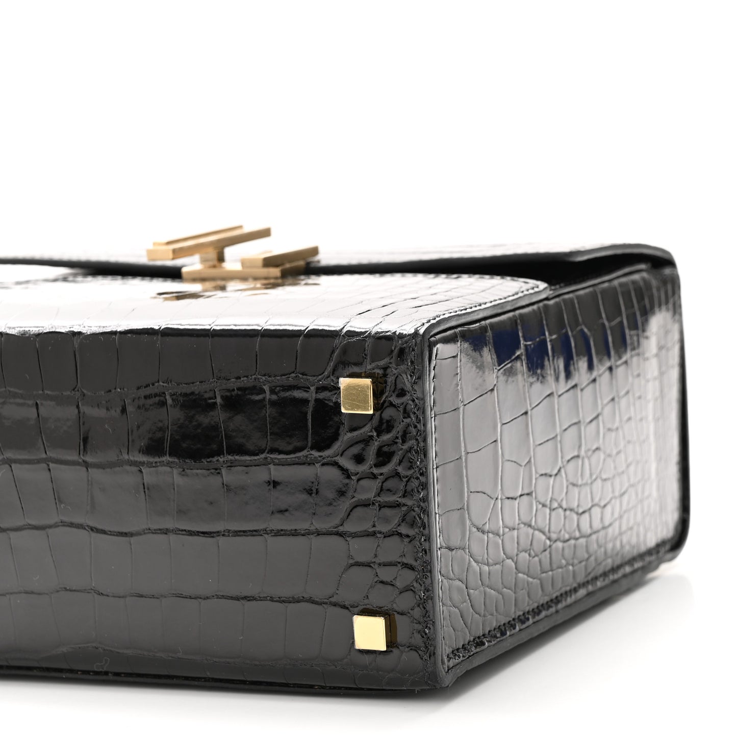 Shiny Alligator Cinhetic Boxy Top Handle Bag Black