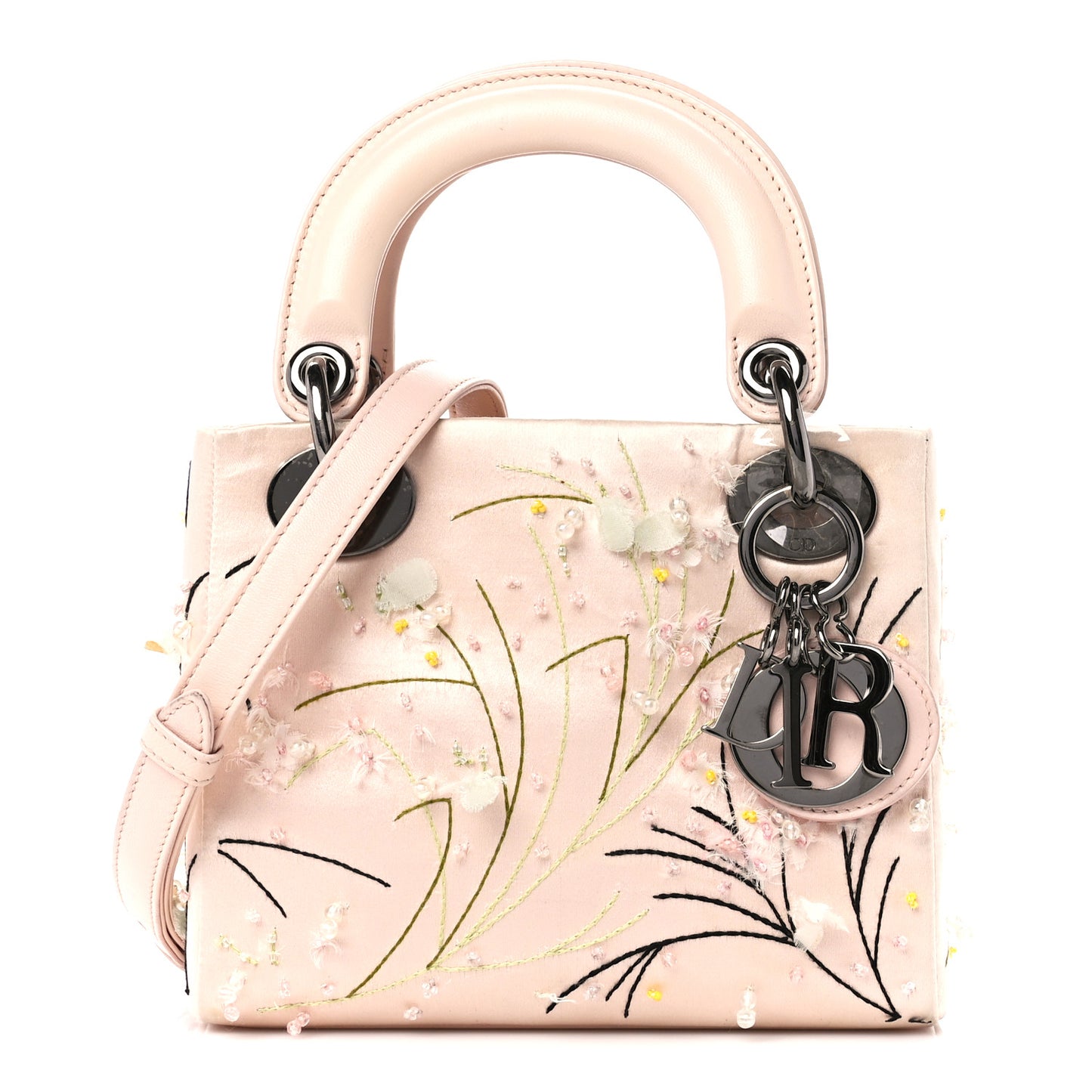 Satin Beaded Floral Embroidered Mini Lady Dior Pink