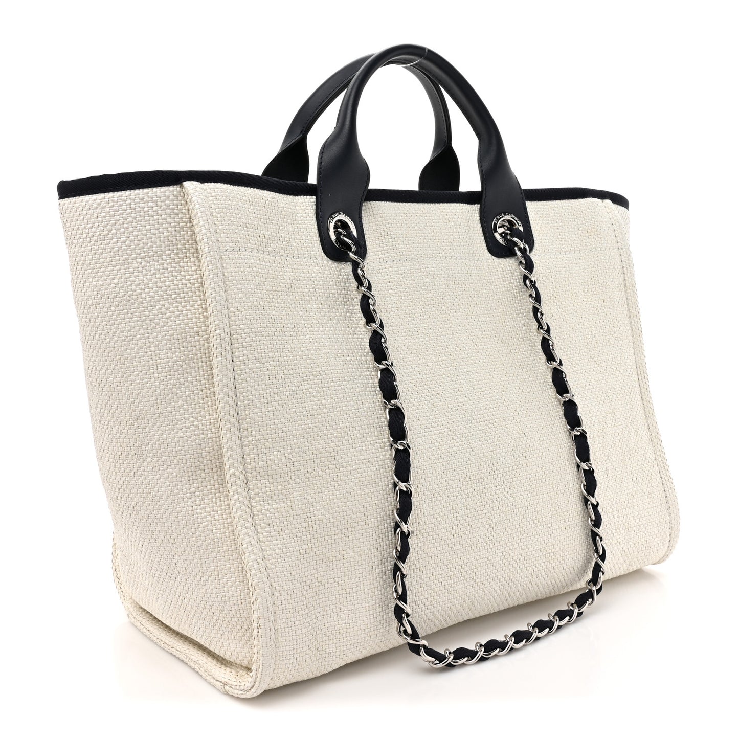 Woven Straw Raffia Medium Deauville Tote White Navy
