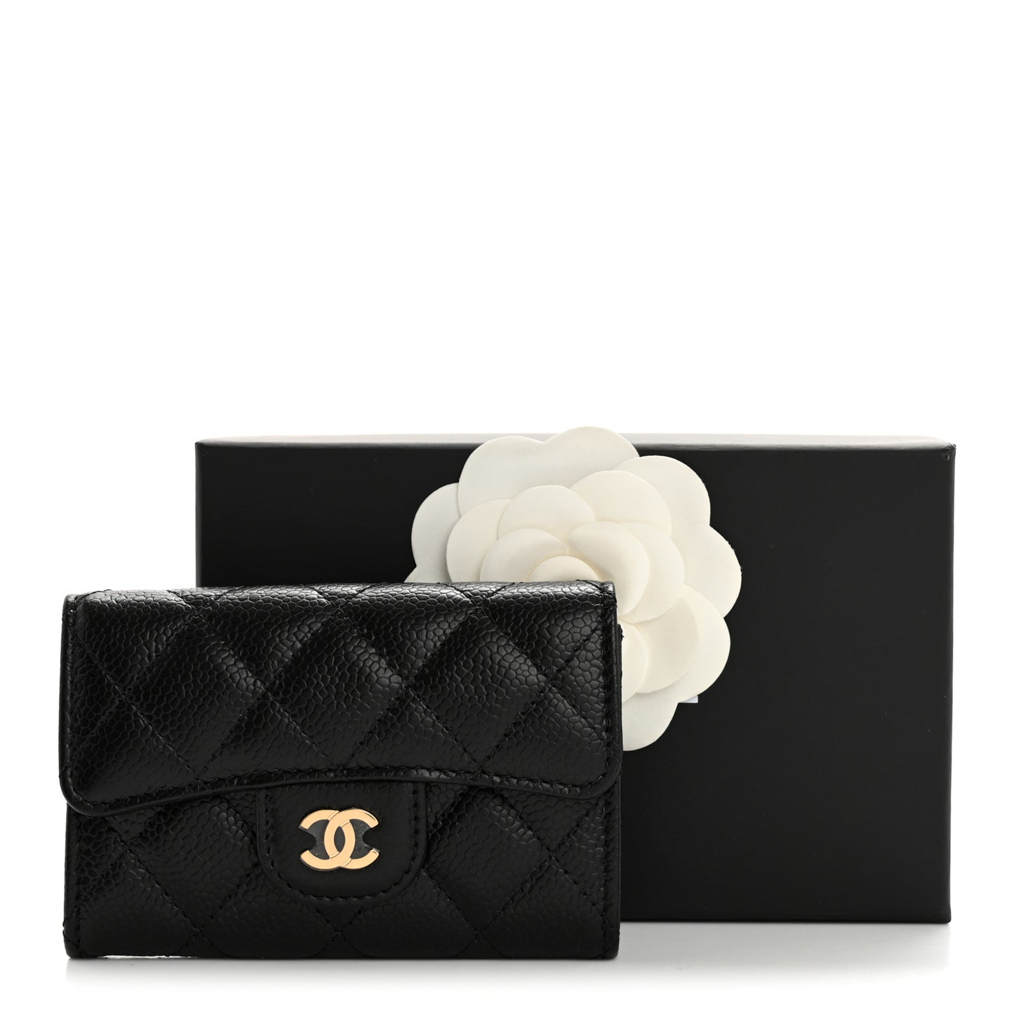 Caviar Quilted Flap Card Holder Wallet Black