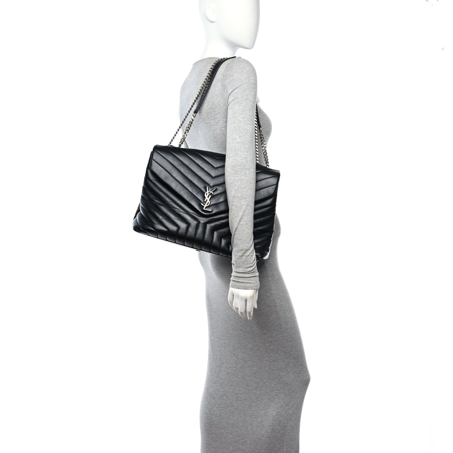 Calfskin Y Quilted Monogram Large Loulou Chain Satchel Black