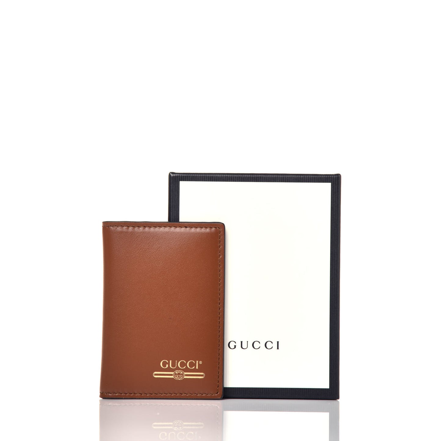 Calfskin Bi-Fold Logo Card Case Wallet Brown