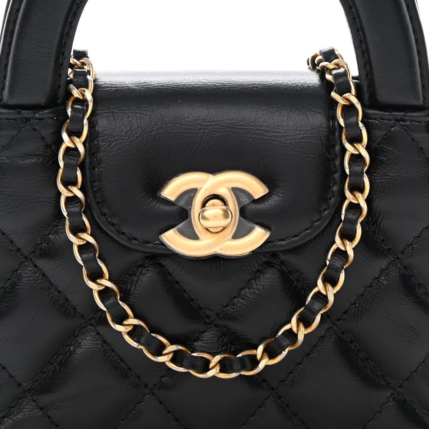 Shiny Aged Calfskin Quilted Mini Nano Kelly Shopper Black