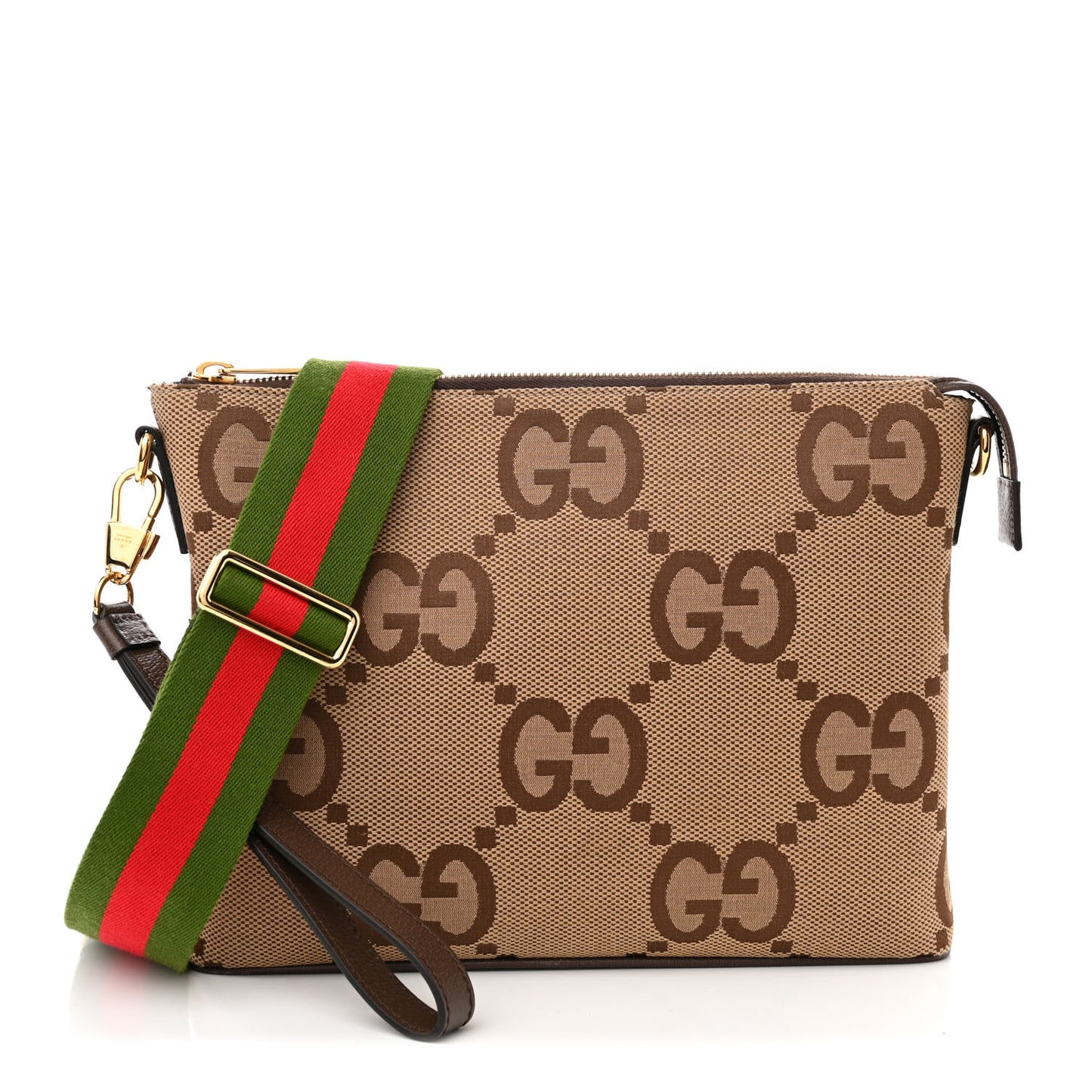 Monogram Jumbo GG Textured Dollar Calfskin Web Wristlet Messenger Bag Camel Ebony New Acero