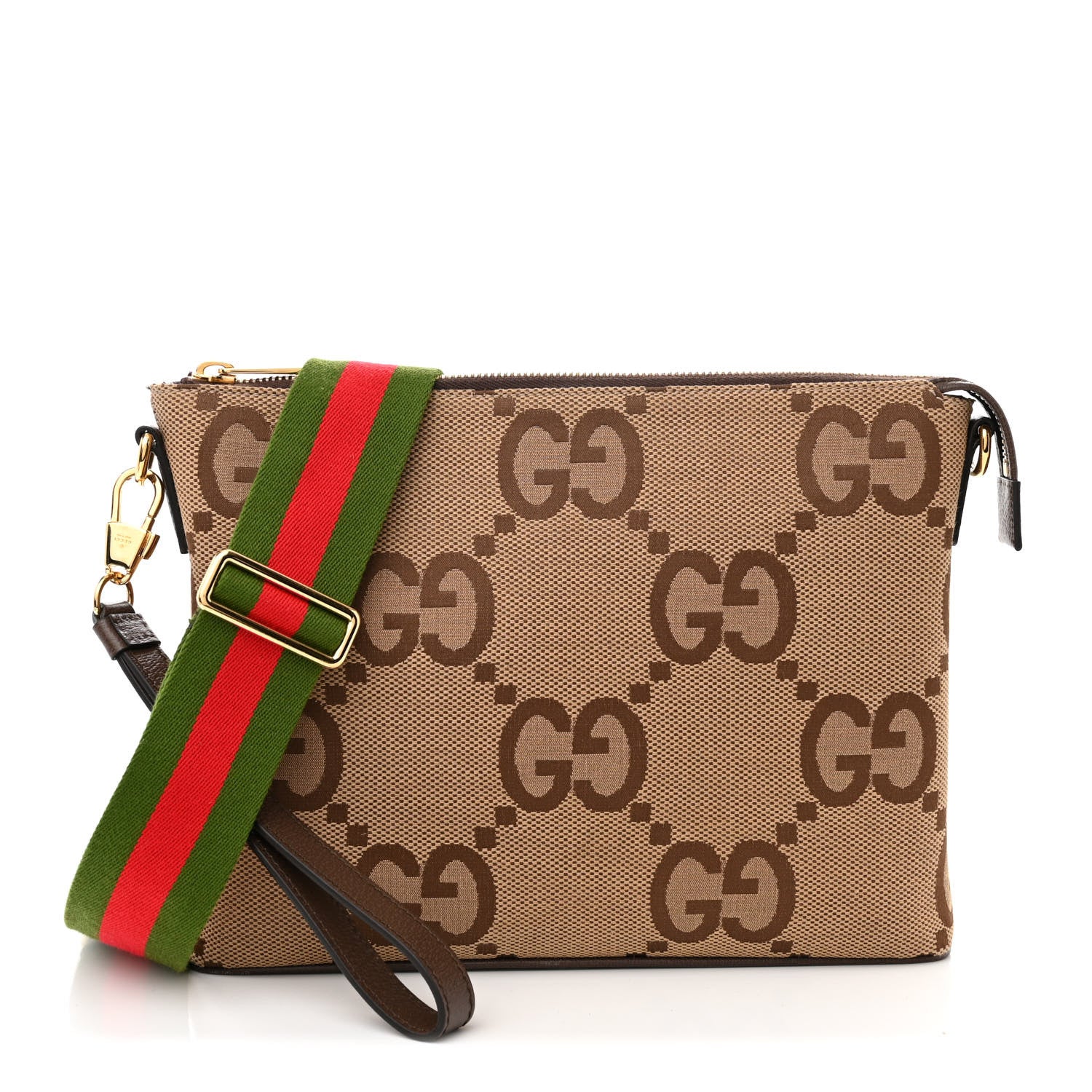 Gucci Monogram Jumbo GG Textured Dollar Calfskin Web Wristlet Messenger Bag Camel Ebony New Acero 1 of 9