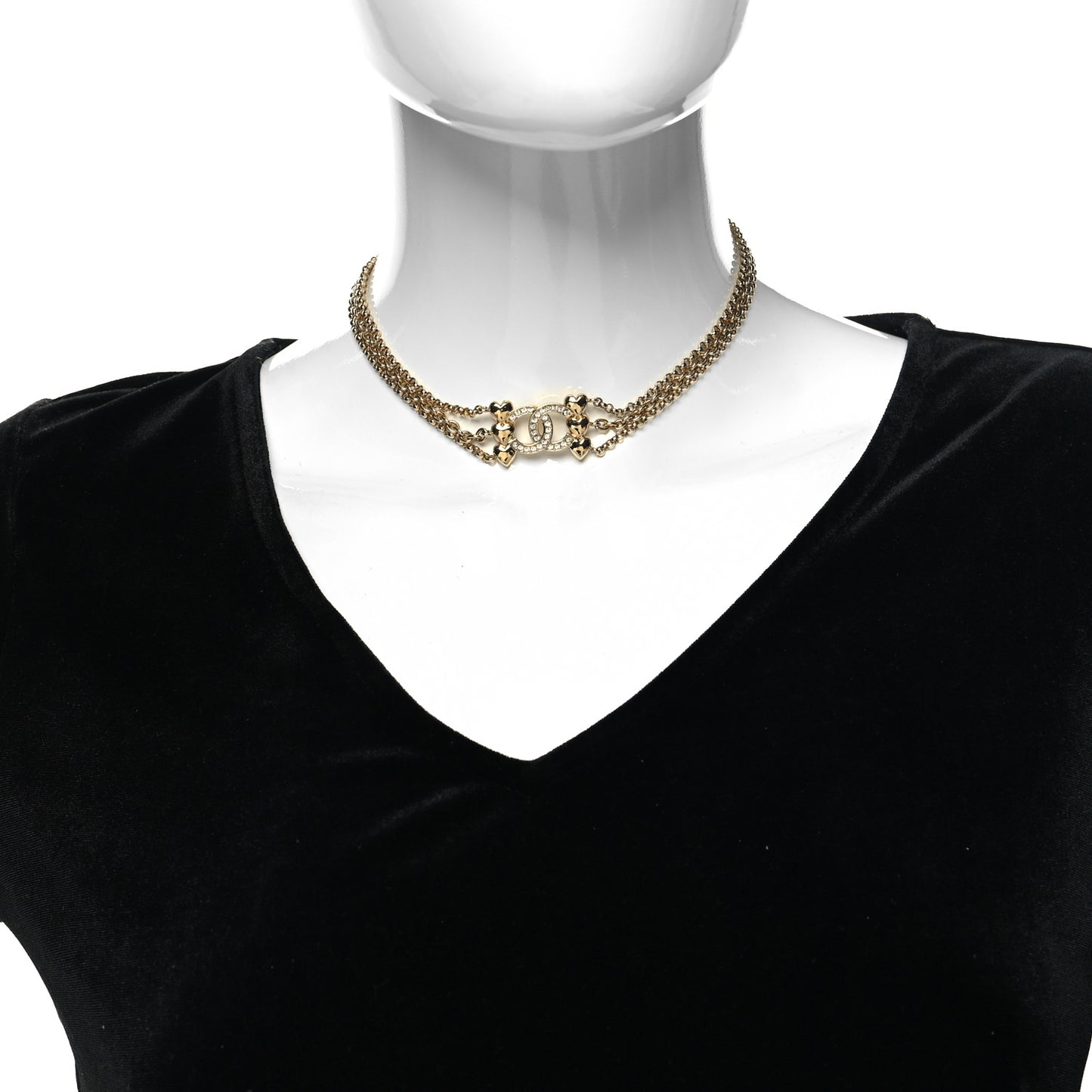 Crystal CC Heart Link Multi Strand Choker Necklace Gold