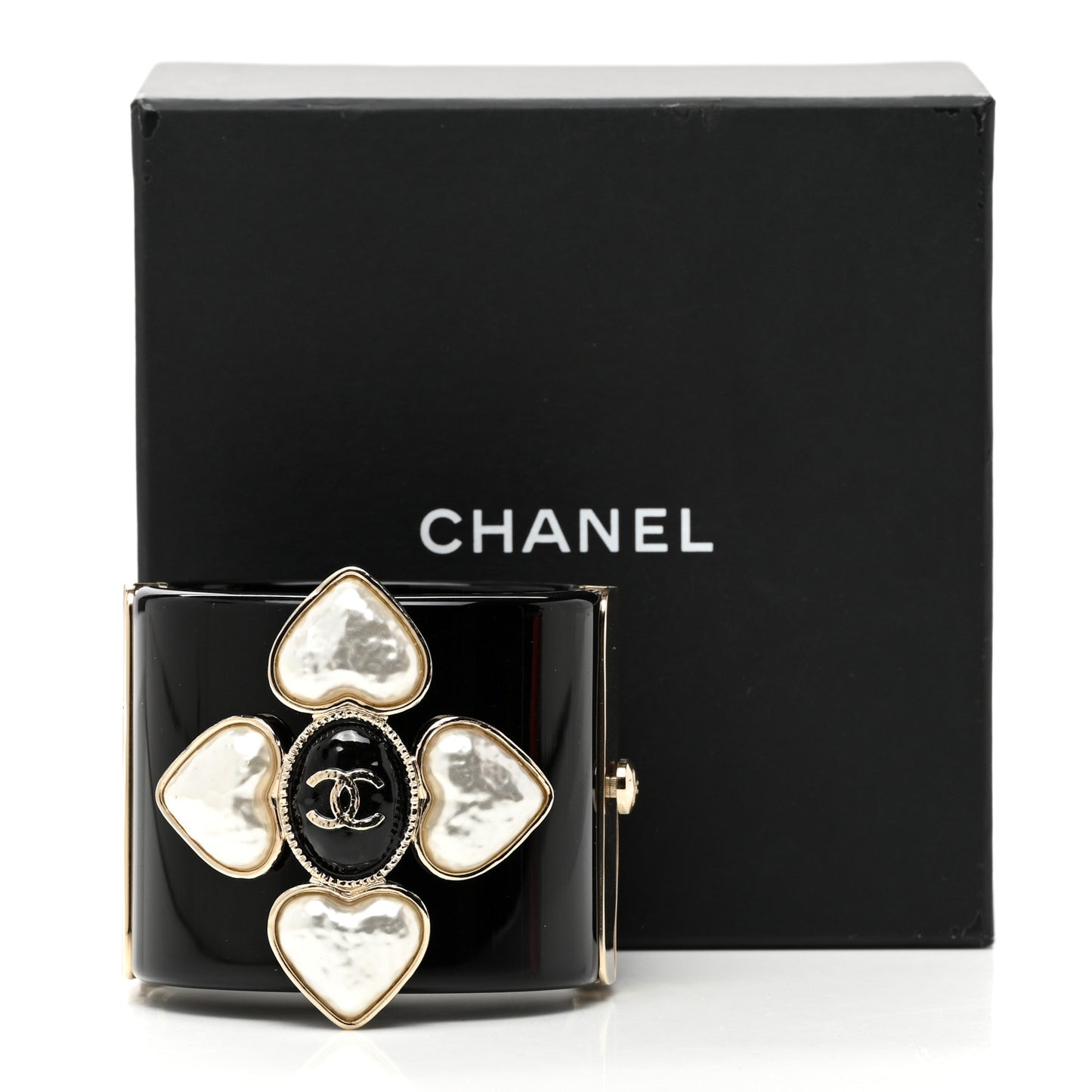 Resin Pearl Enamel CC Cuff Bracelet Black Pearly White Gold