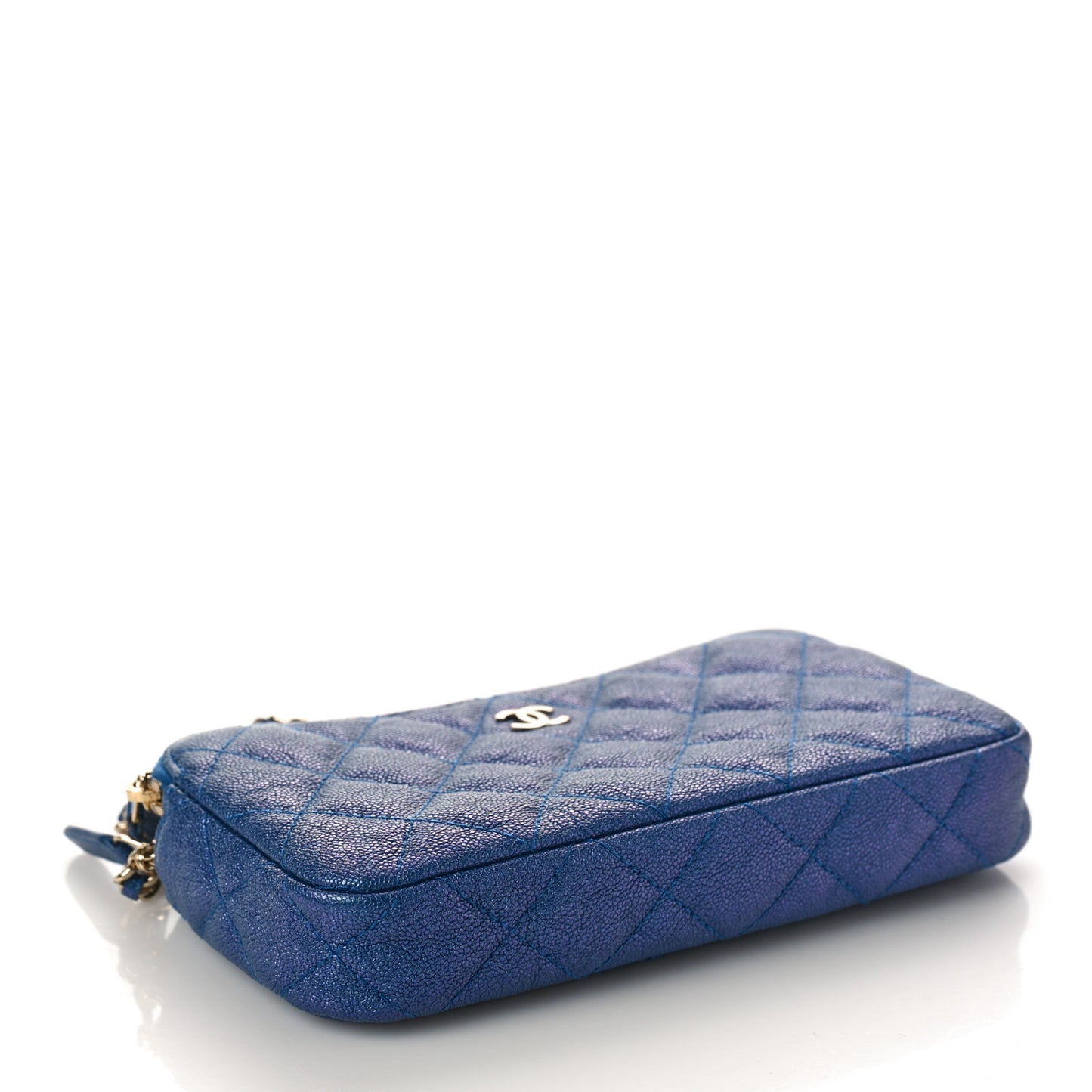 Iridescent Caviar Quilted Clutch With Chain Dark Blue