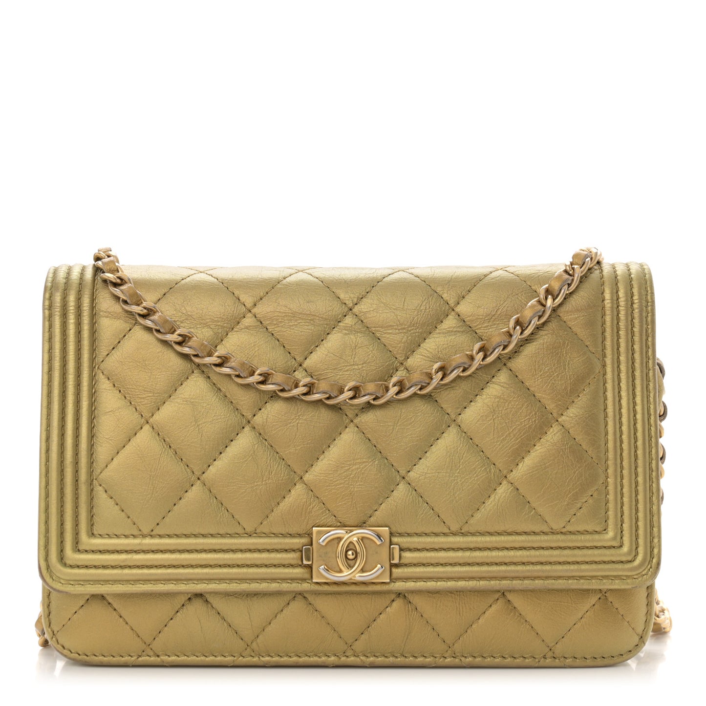 Distressed Calfskin Quilted Boy Wallet On Chain WOC Gold