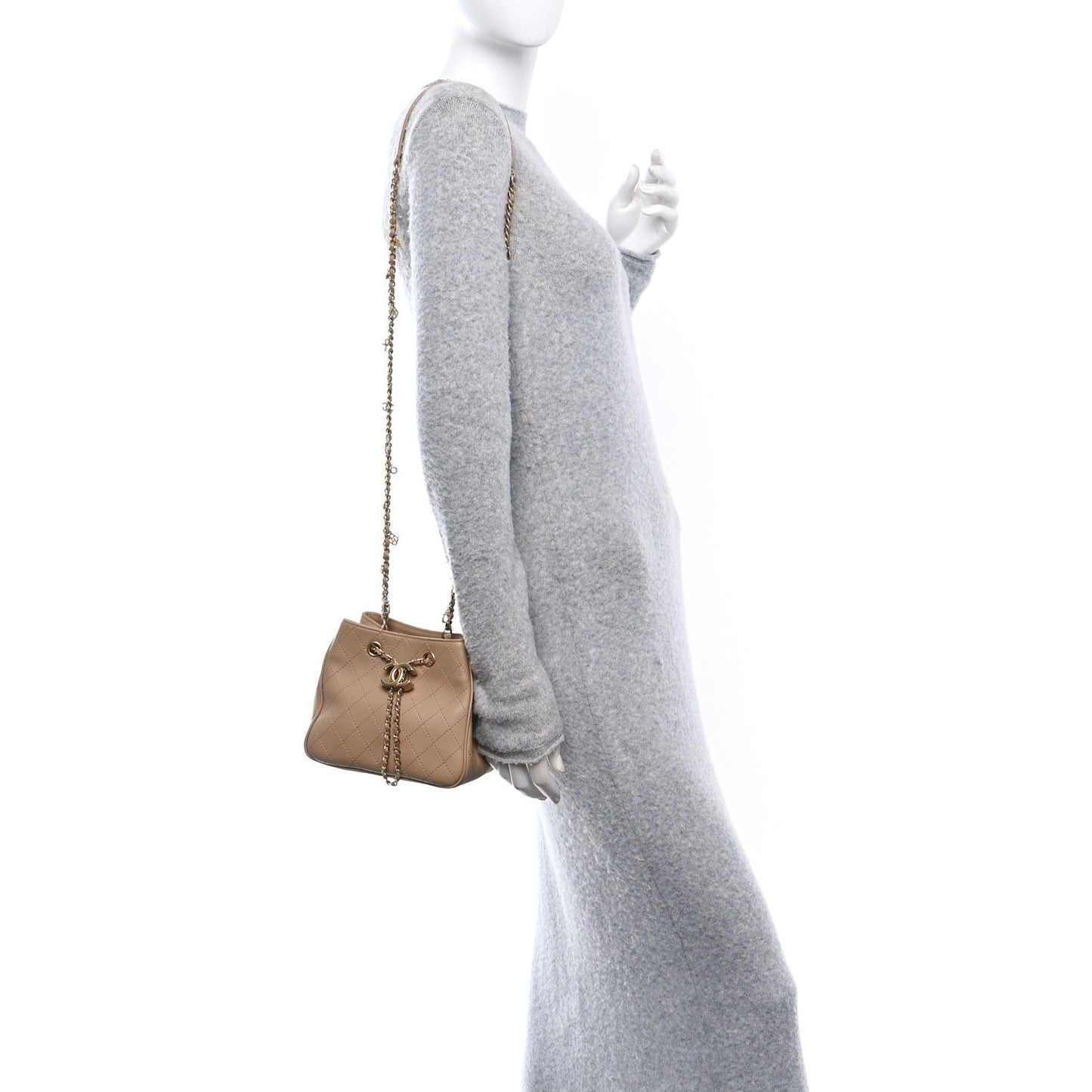 Calfskin Stitched Small Egyptian Amulet Drawstring Bag Beige