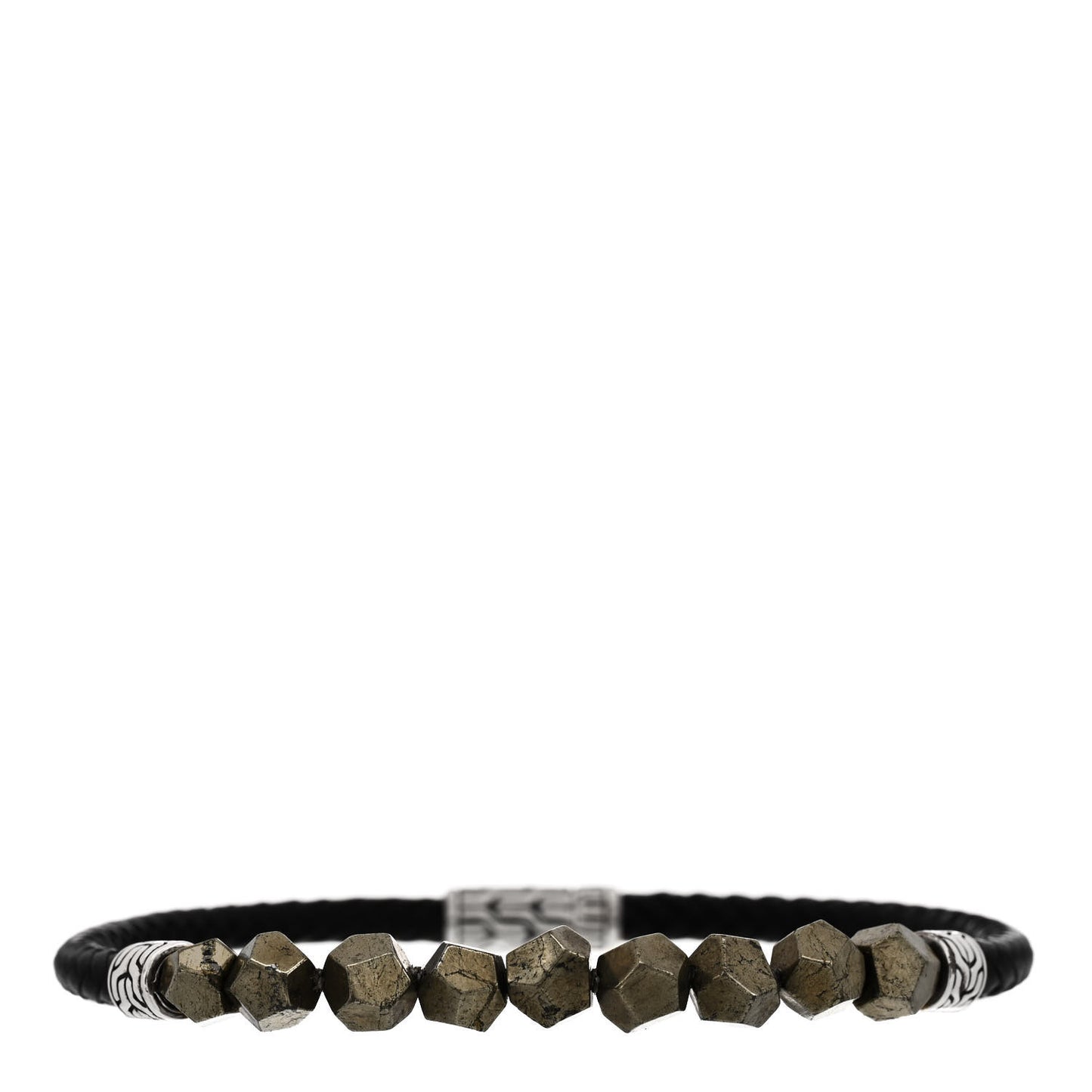 Sterling Silver Pyrite Leather Classic Chain Bracelet Black