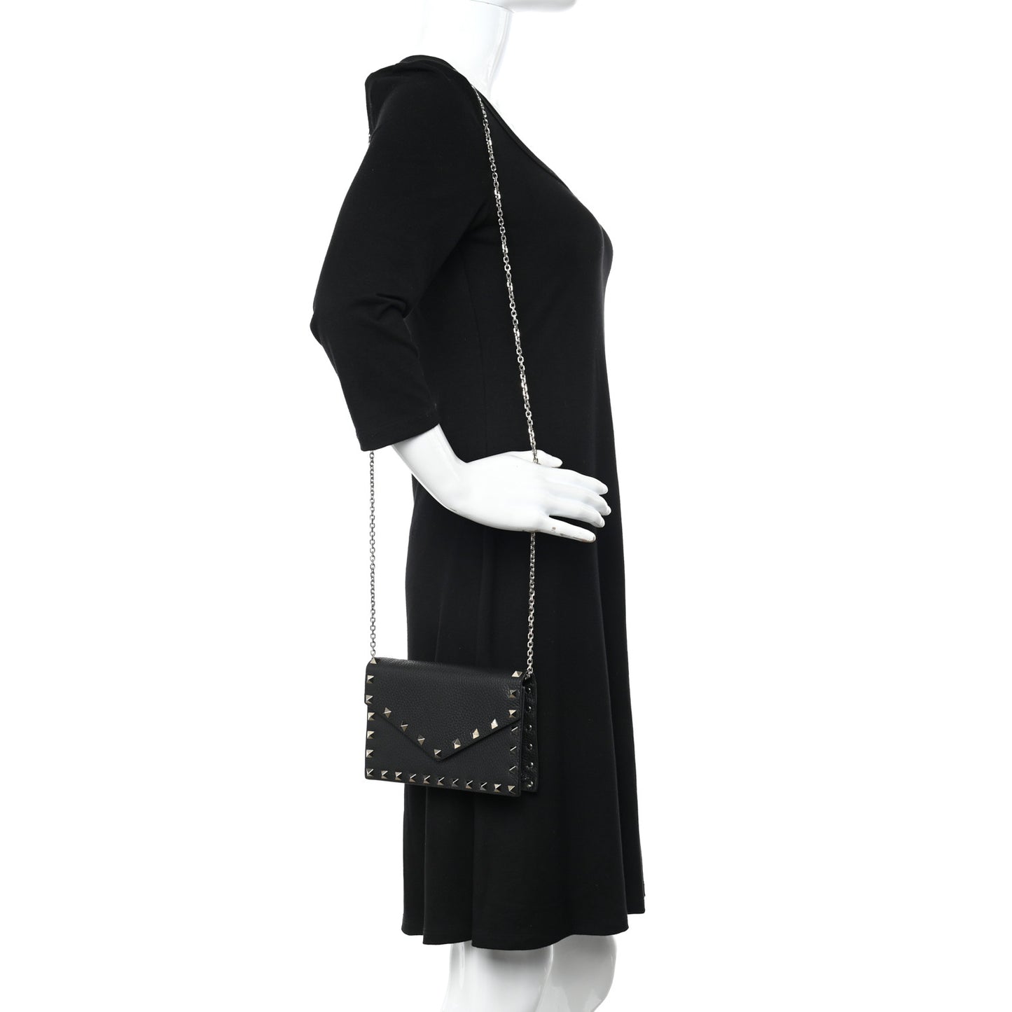 Pebbled Calfskin Rockstud Envelope Wallet on Chain Black