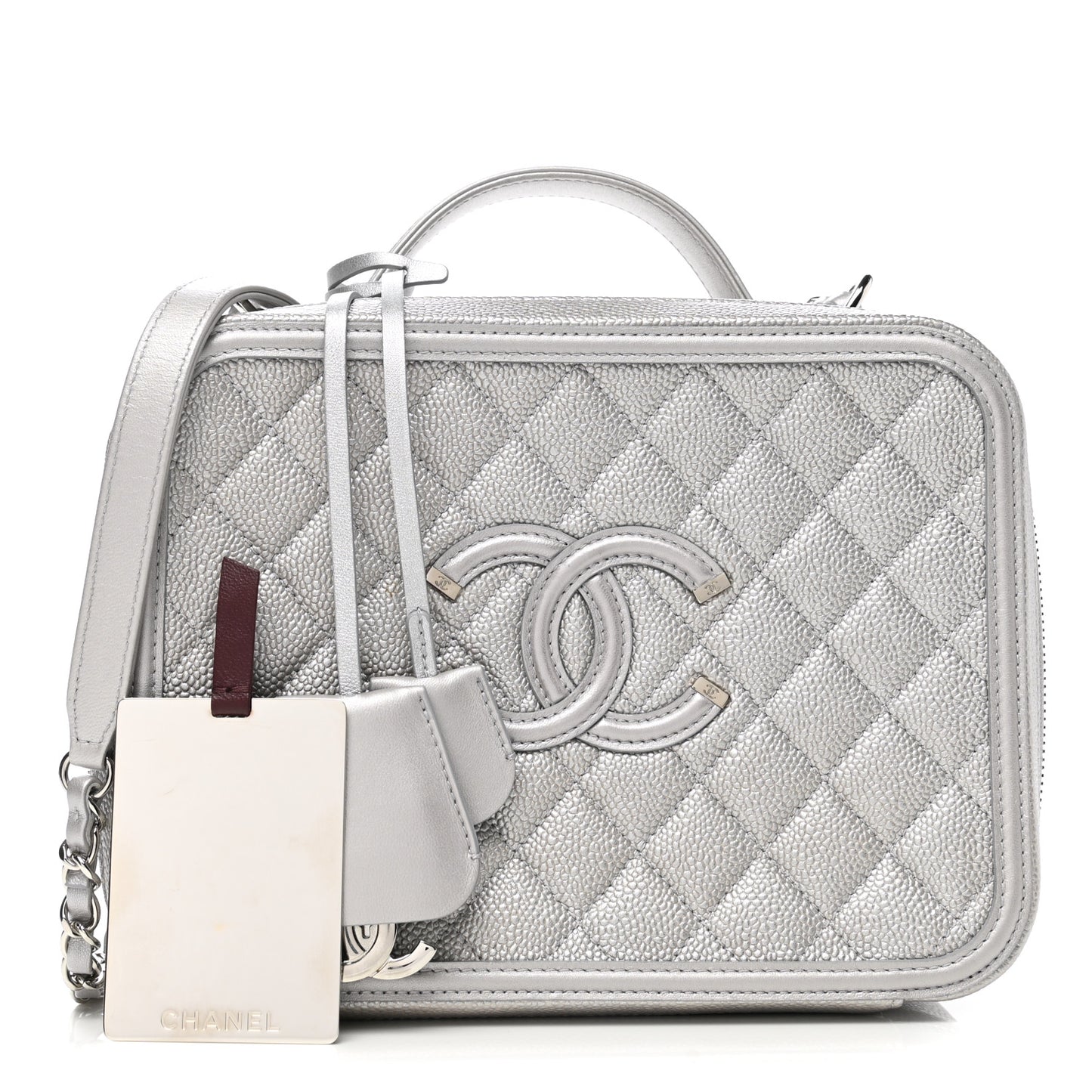 Metallic Caviar Quilted Large CC Filigree Vanity Case Silver