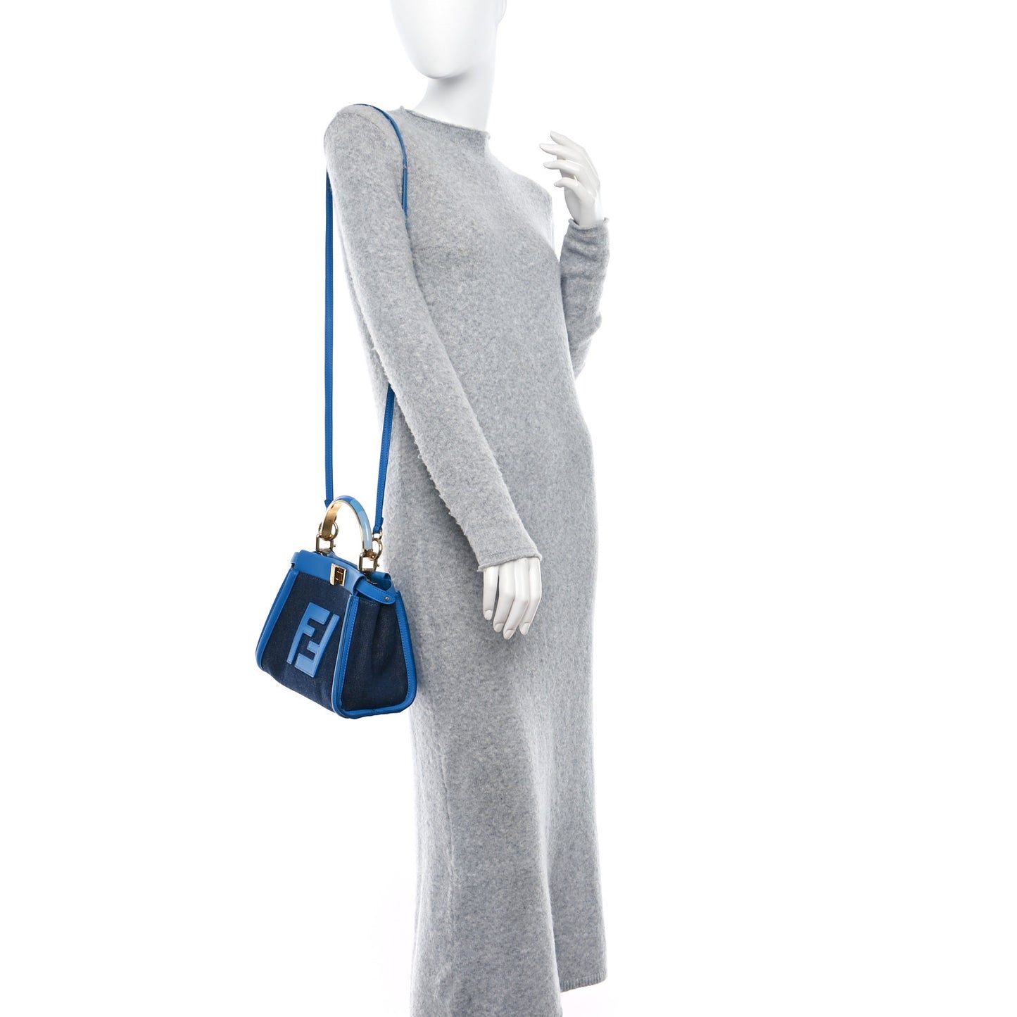 Denim Fabric Nappa FF Mini Peekaboo Iconic Satchel Blue