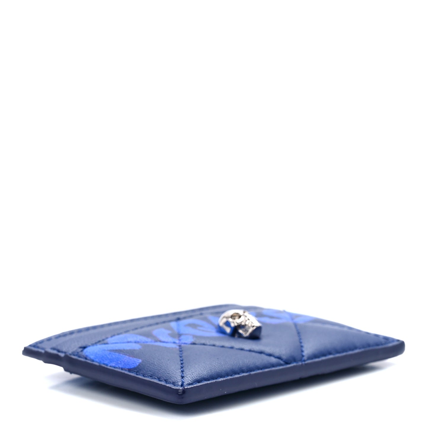 Lambskin Quilted Graffiti Skull Card Holder Blue