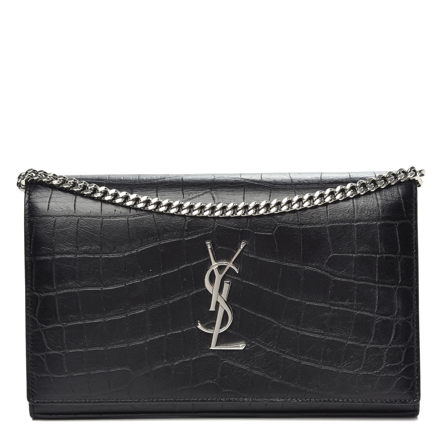 Crocodile Embossed Calfskin Monogram Chain Wallet Black