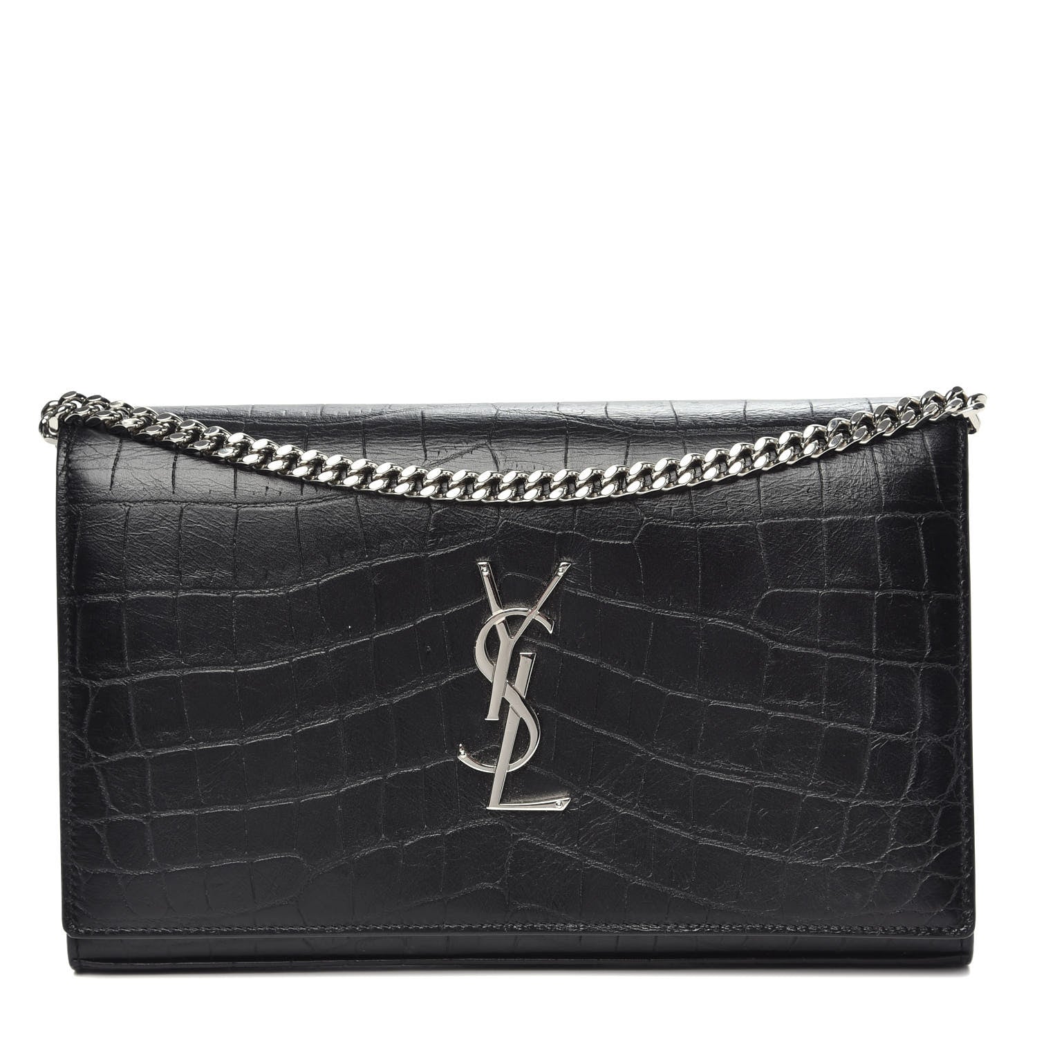 Saint Laurent Crocodile Embossed Calfskin Monogram Chain Wallet Black 1 of 10