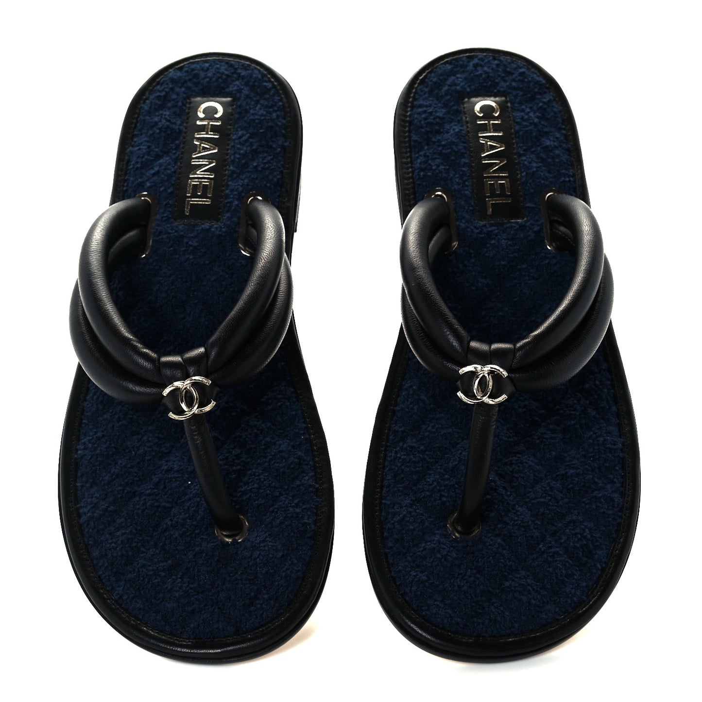 Lambskin Fabric CC Thong Sandals 36.5 Black Dark Navy