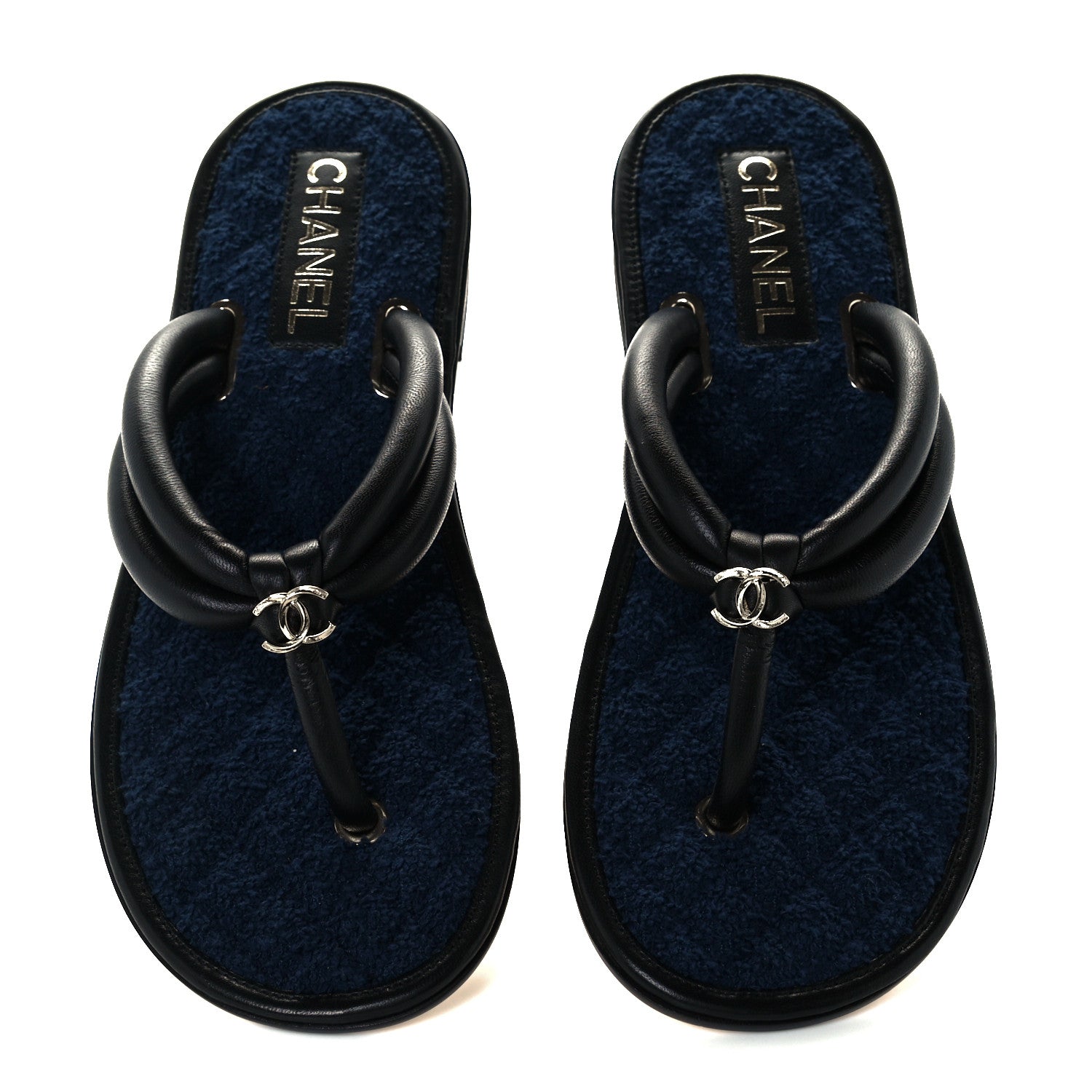 Chanel Lambskin Fabric CC Thong Sandals 36.5 Black Dark Navy 5 of 10