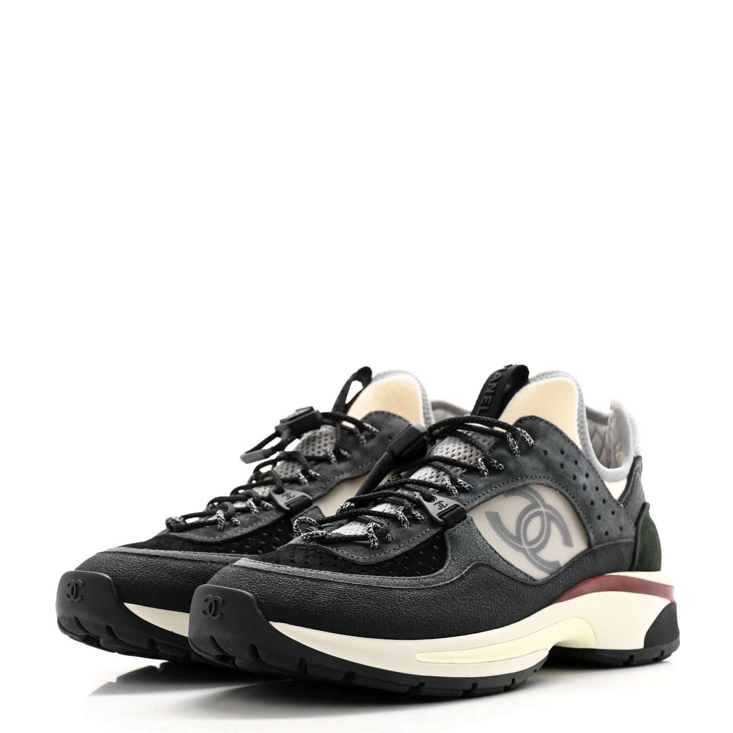 Chanel Fabric Suede Calfskin Mesh Womens CC Sneakers 38.5 Black Dark Grey White Light Grey 3 of 11